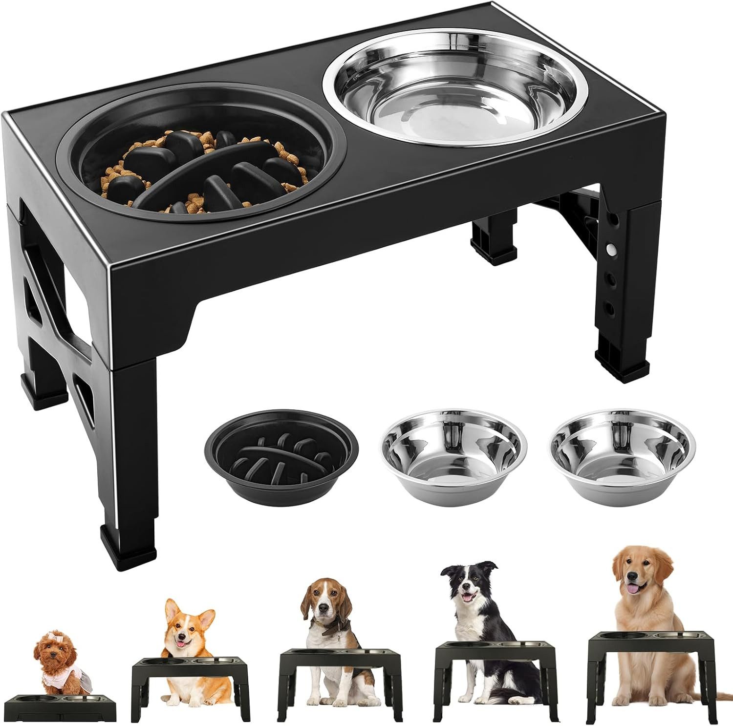 BlingBin Futternapf Erhöhter Hundenapf mit 2 Edelstahlnäpfen und 1 Anti-Schlingnapf, Silikon, Edelstahl, 5 Höhenverstellbar Futterstation für Kleine Mittlere Große Hunde