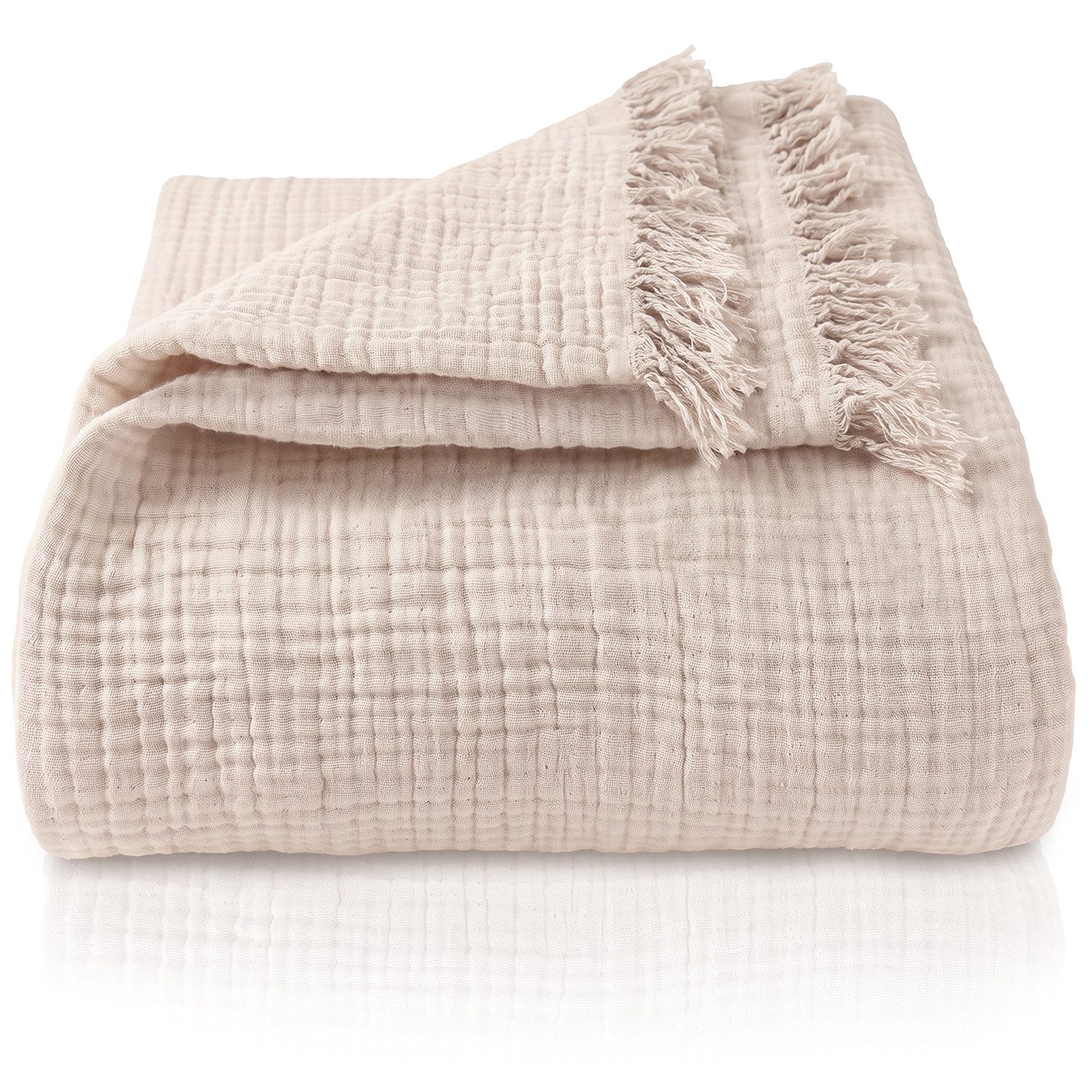 Laynenburg Tagesdecke Musselin mit Fransen aus 100% Baumwolle – Baumwolldecke, Wohndecke als Sommerdecke, Bett-Überwurf, Sofa-Decke, Kuscheldecke