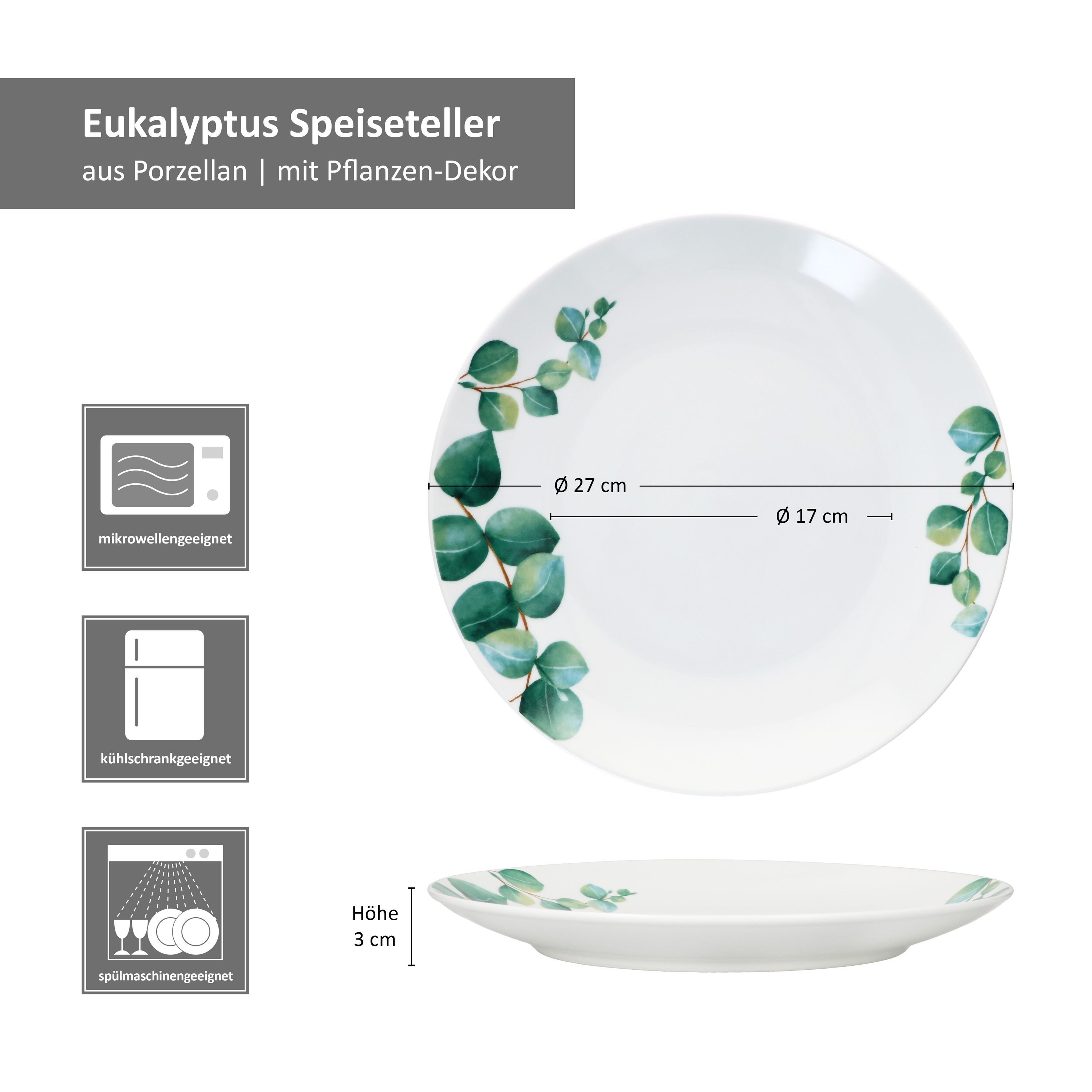 MamboCat Speiseteller 6x Eukalyptus Speiseteller Ø27cm weiß Porzellan 6 Personen Essteller