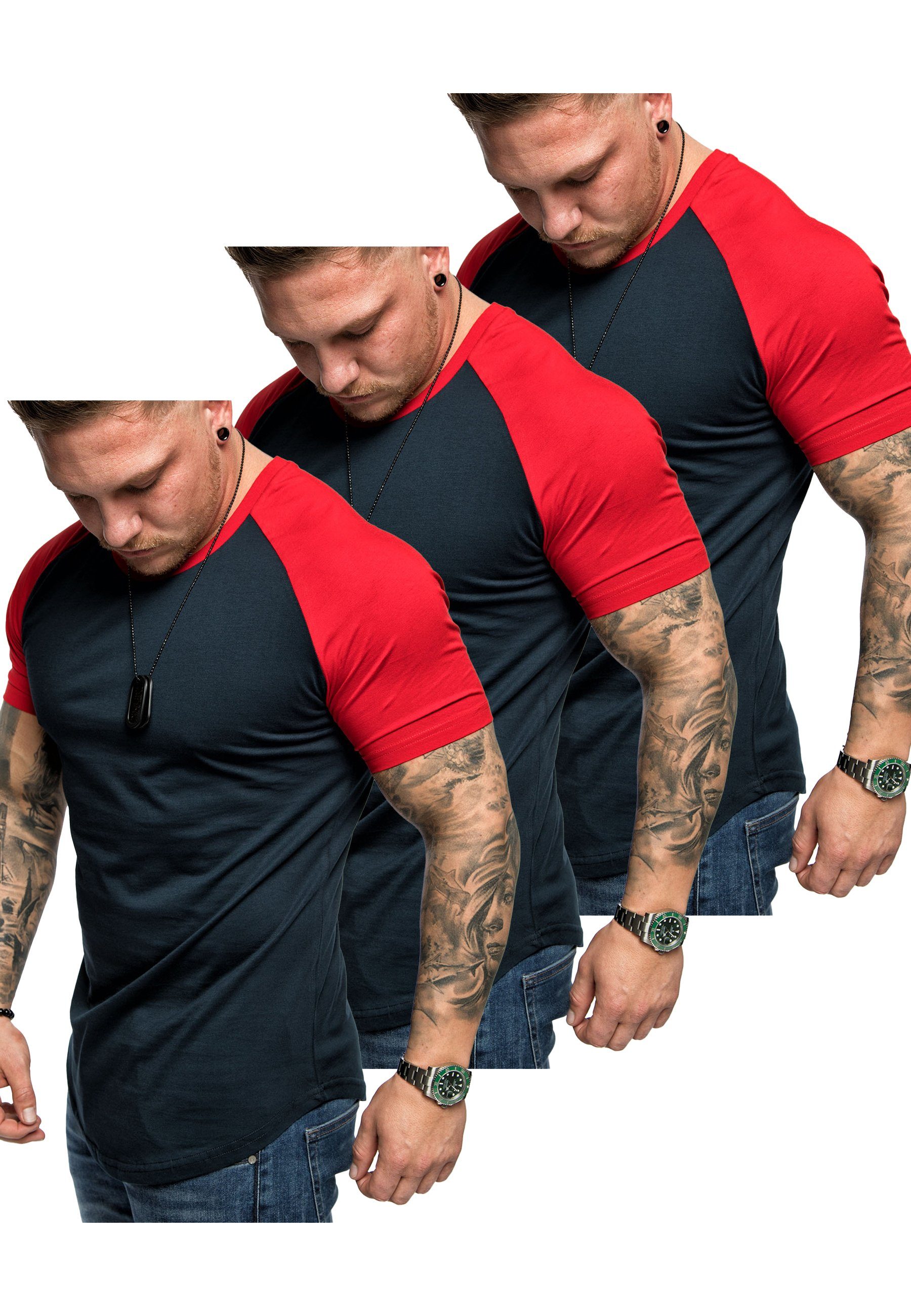 Amaci&Sons T-Shirt 3. OMAHA 3er-Pack T-Shirts (3er-Pack) Herren Basic Oversize Kontrast Raglan T-Shirt (3x Navyblau/Rot)