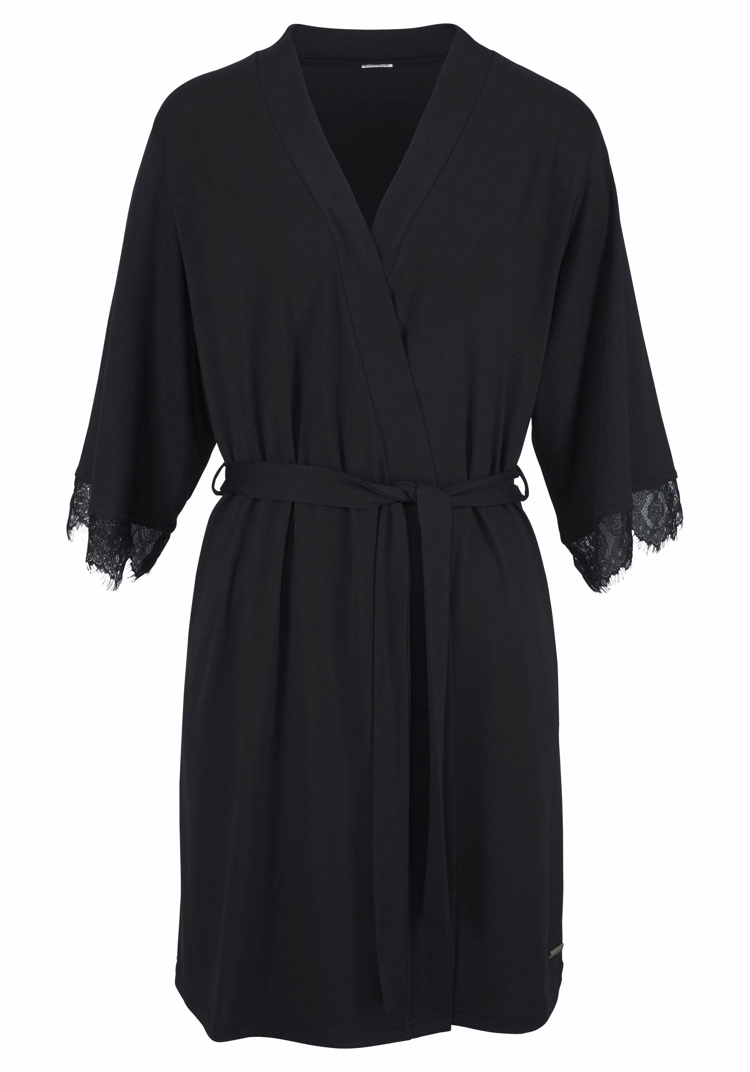 LASCANA Kimono, mit Kurzform, am Spitze Ärmelsaum schwarz Gürtel, Jersey