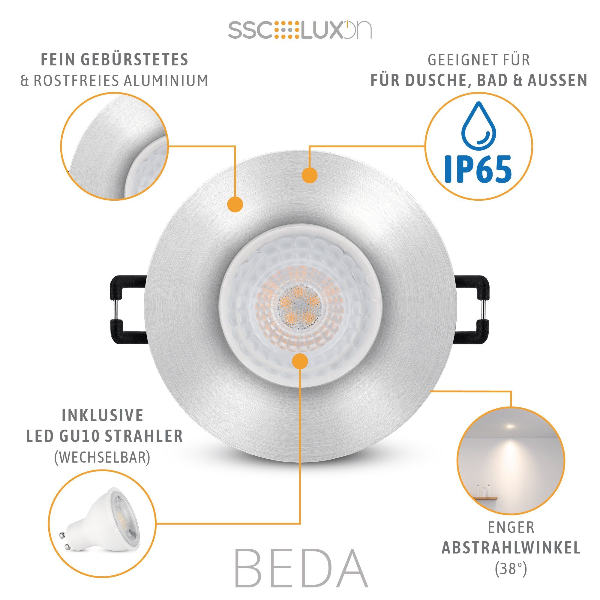 3W BEDA warmweiss mit IP65 LED SSC-LUXon 38° Lampe 230V, GU10 Warmweiß Außen-Deckenleuchte Einbauleuchte
