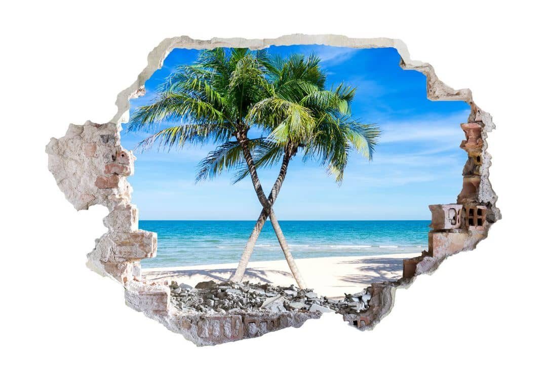 Mauerdurchbruch Art Wandtattoo selbstklebend Badezimmer Aufkleber Ozean, Wandbild K&L 3D Palmen Strand Atlantischer Wall Wandtattoo