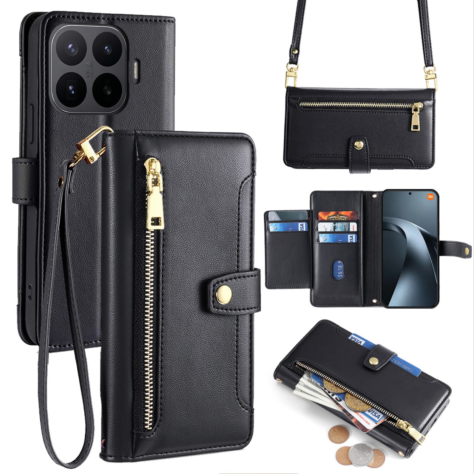 betterfon Handykette mit Portemonnaie für Xiaomi 17T Pro -Handykette 5 Kartenfächer Schwarz, 5 Kartenfächer + verstellbare Kette & Standfunktion mit TPU-Schutz