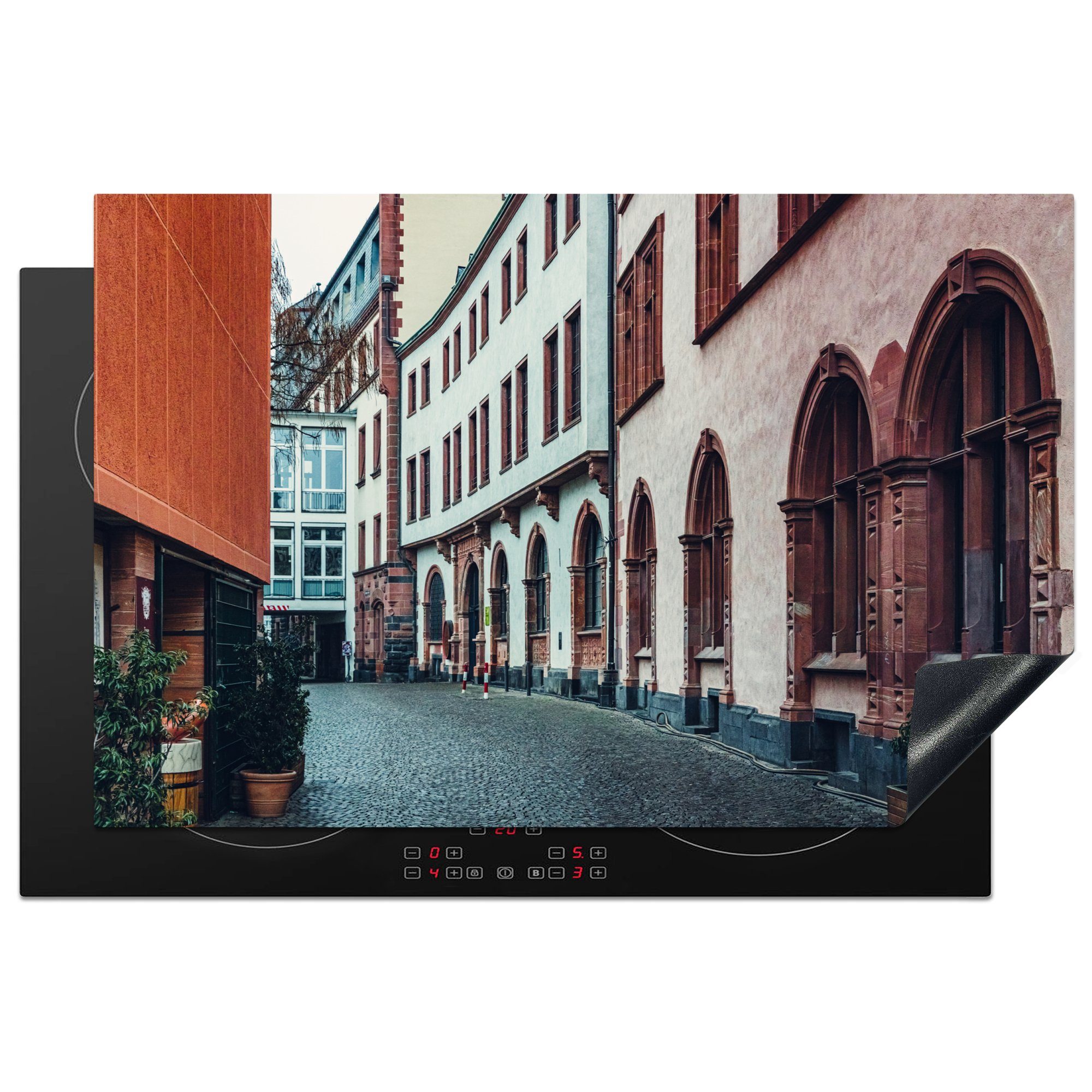 MuchoWow Herdblende-/Abdeckplatte Straße in der Altstadt von Frankfurt, Deutschland, Vinyl, (1 tlg), 81x52 cm, Induktionskochfeld Schutz für die küche, Ceranfeldabdeckung