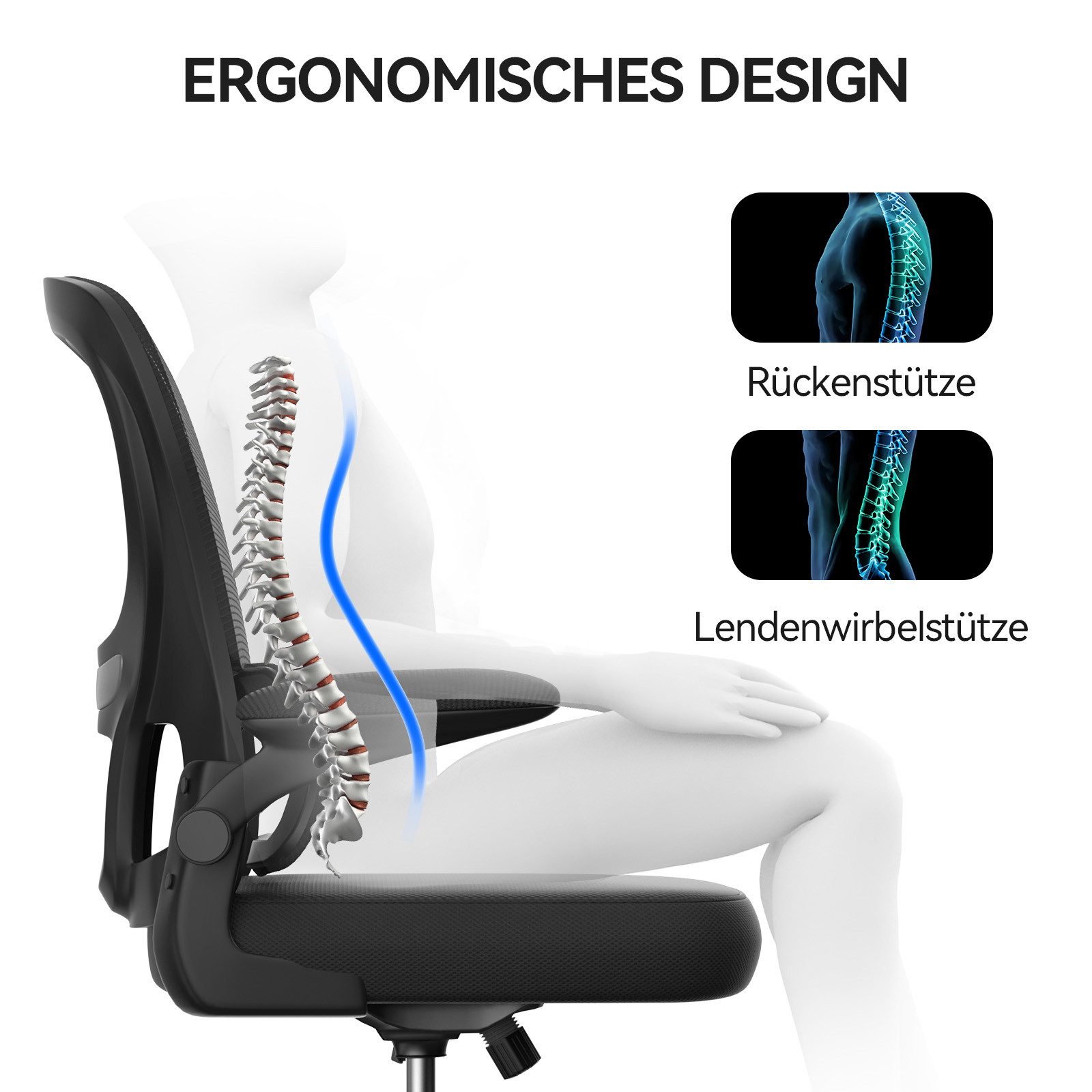 ZAISZE Bürostuhl 280G Netz Sitz Gaslift 2-Stufe Geräuschlose Rollen Ruhe & Effizienz (Set), Nylonrad; Fünf-Klauen-Stütze