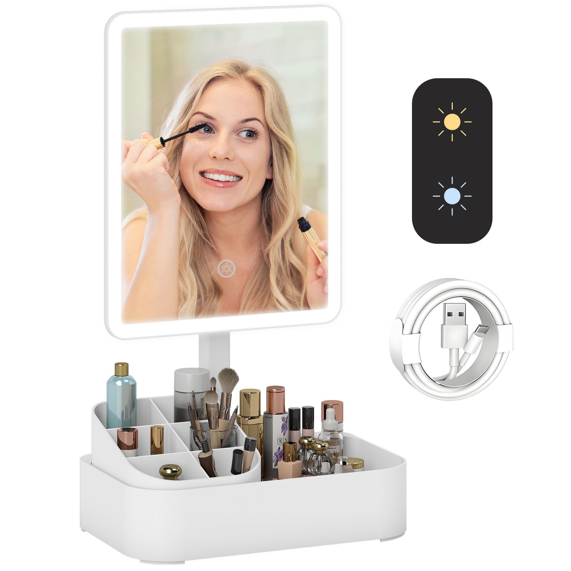 HOMCOM Schminkspiegel wiederaufladbar 180°Drehbar Aufbewahrungsbox, dimmbar, abnehmbar (LED Kosmetikspiegel, 1-St., Spiegel mit Beleuchtung), mit 2 Beleuchtungsmodi Touchschalter, Weiß
