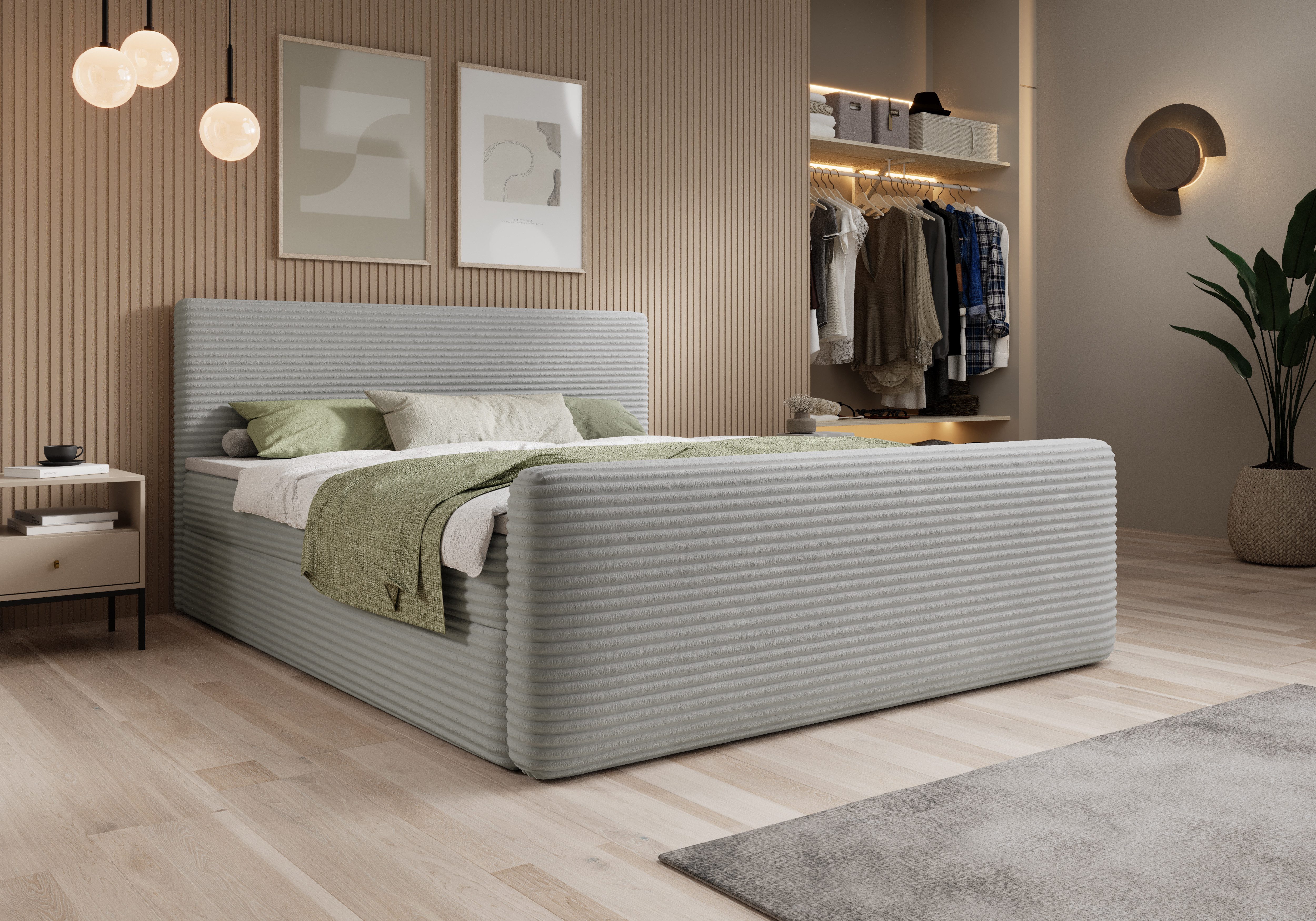 thematys Boxspringbett mit Bettkasten 140x200–200x200 cm – aus hochwertigen Cord Stoff (Doppelbett mit Stauraum, Polsterbett inkl. Matratze H3 & 3 cm Topper)