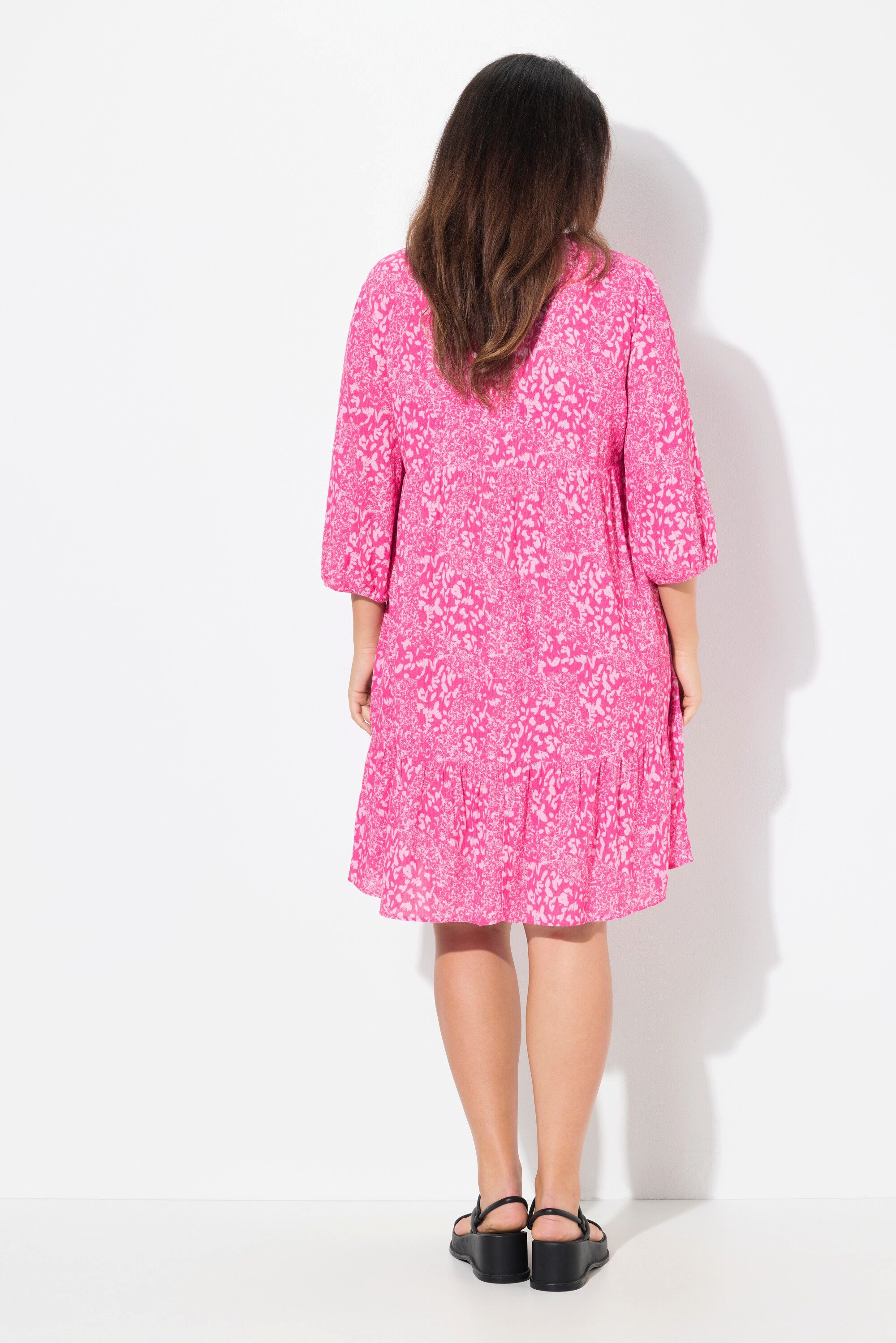 Ulla Popken Midikleid Kleid Volantsaum A-Linie V-Ausschnitt 3/4-Arm
