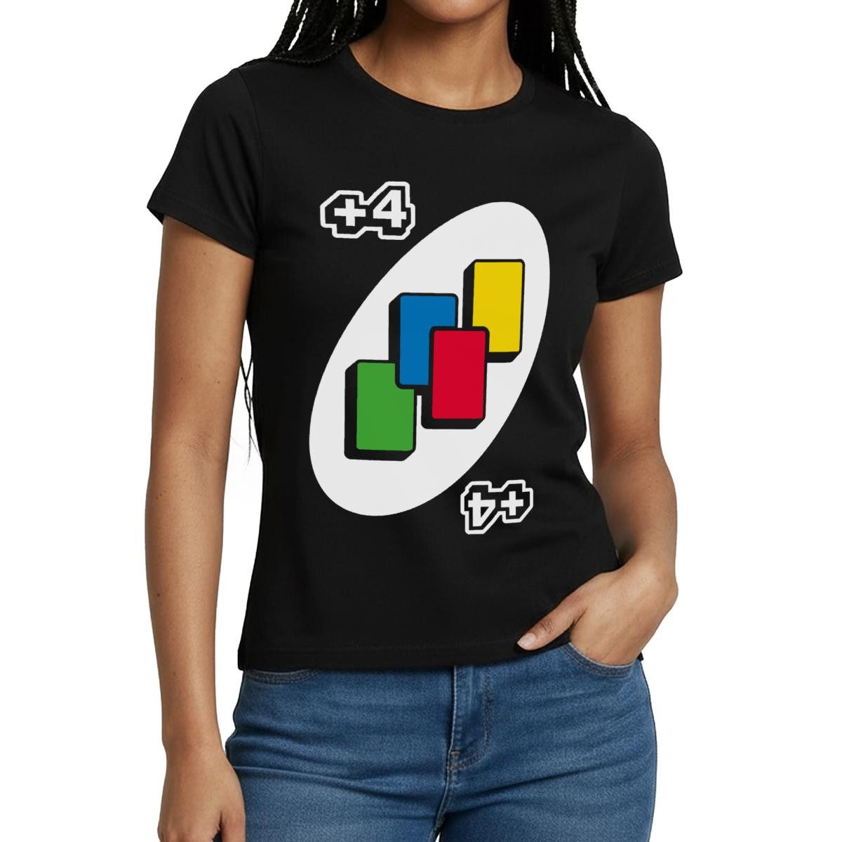 Spreadshirt T-Shirt UNO +4 Design Vier-Ziehen-Karte Frauen T-Shirt (1-tlg) günstig online kaufen