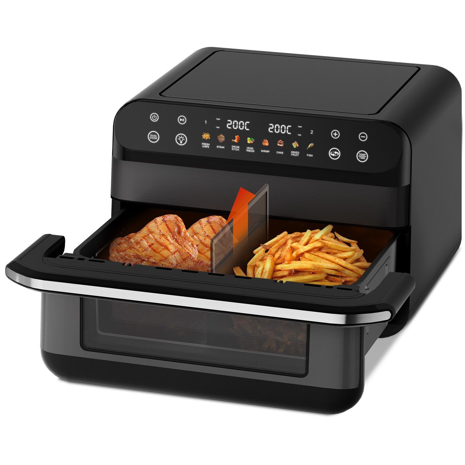 Hiazurm Heißluftfritteuse Dual Zone Heißluftfritteuse, 10L Airfryer mit herausnehmbarem Trenner, 2 Gestelle, Heißluftfritteuse 2 kammern, 8 Kochfunktionen, 2700 W, Antihaftbeschichtung, spülmaschinenfester Korb, 8-10 Portionen