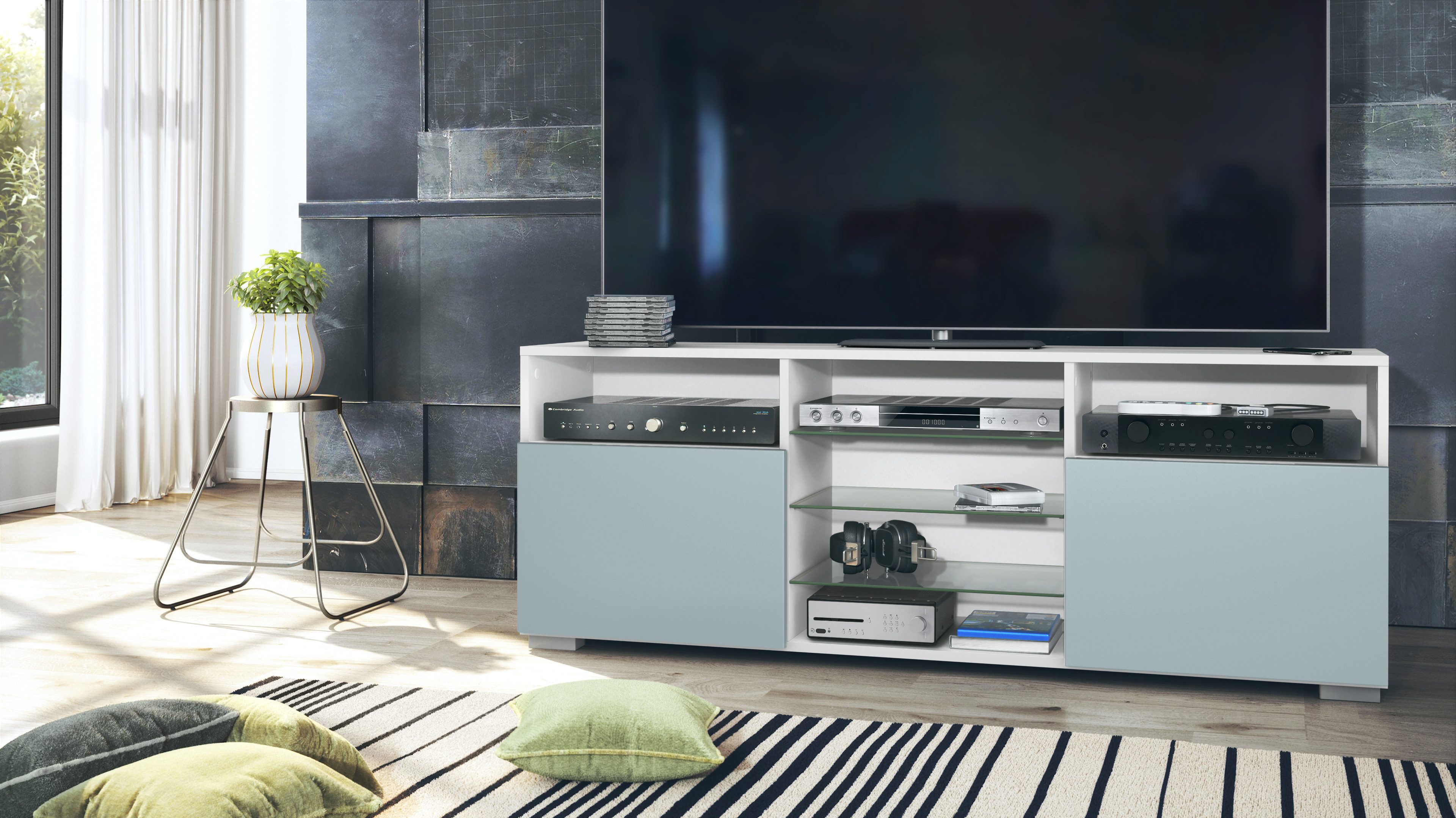 Vladon Lowboard Granada (TV-Kommode, mit 2 Türen und 6 offenen Fächern), Weiß matt, Denim matt