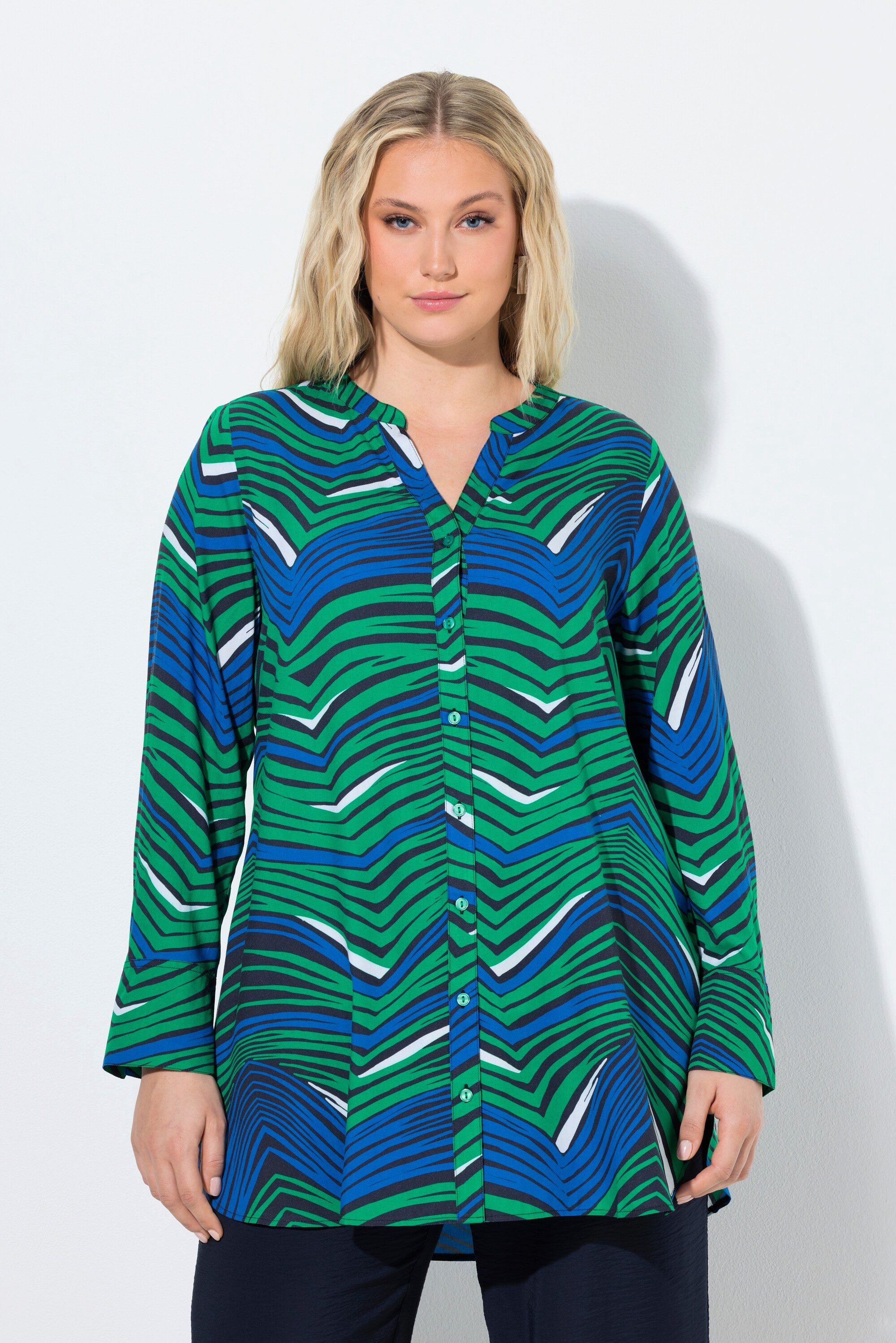 Ulla Popken Longbluse Longbluse grafischer Druck Tunika-Ausschnitt günstig online kaufen