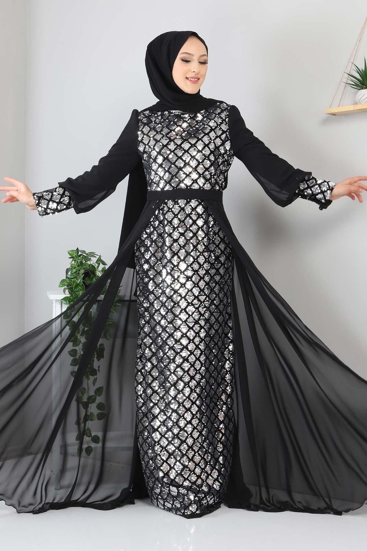 MODAMİHRAM Abendkleid Silber Chiffon Abendkleid - MSW9819