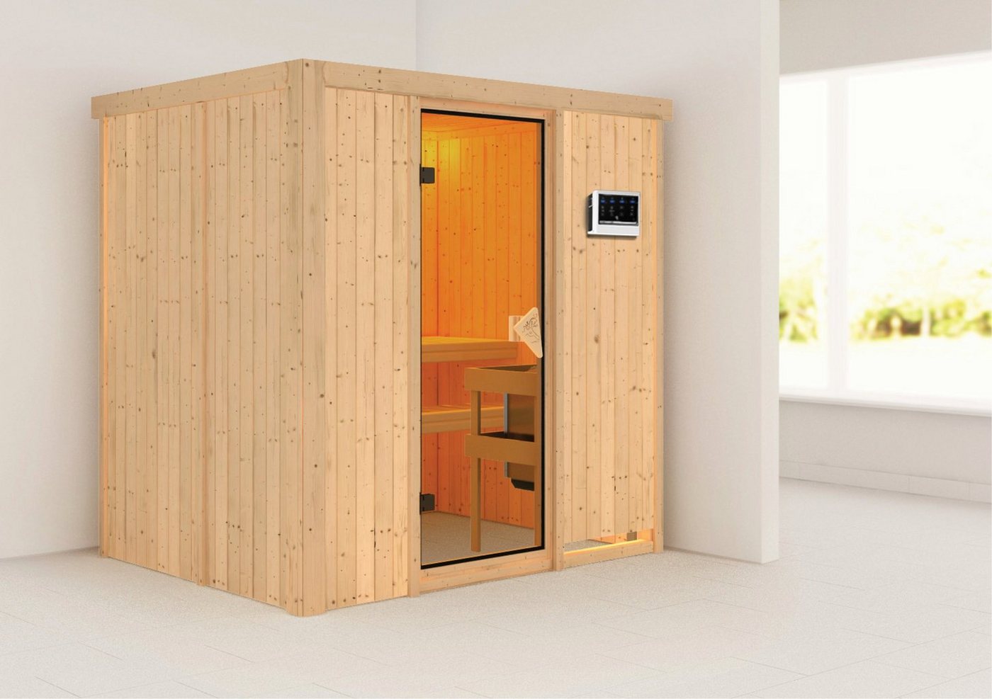 Thumbnail - Karibu Sauna Finja, BxTxH: 196 x 151 x 198 cm, 68 mm, (Set) 3,6-kW-Bio-Plug & Play Ofen mit externer Steuerung