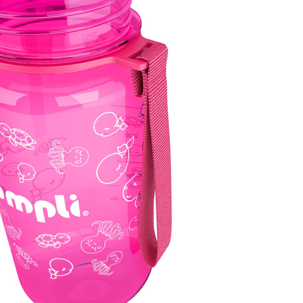 bumpli® Kinder Fruchtsieb Trinkflasche spülmaschinenfest, +Strohhalmdeckel, Trageschlaufe, 350ml Pink Trinkflasche auslaufsicher, Wasserflasche, BPA-frei,