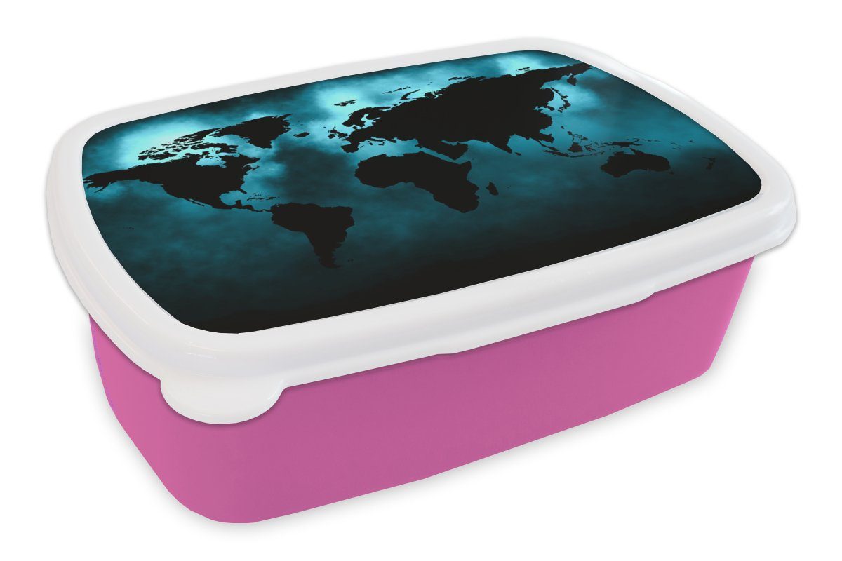 MuchoWow Lunchbox Weltkarte - Schwarz - Blau, Kunststoff, (2-tlg), Brotbox für Erwachsene, Brotdose Kinder, Snackbox, Mädchen, Kunststoff rosa