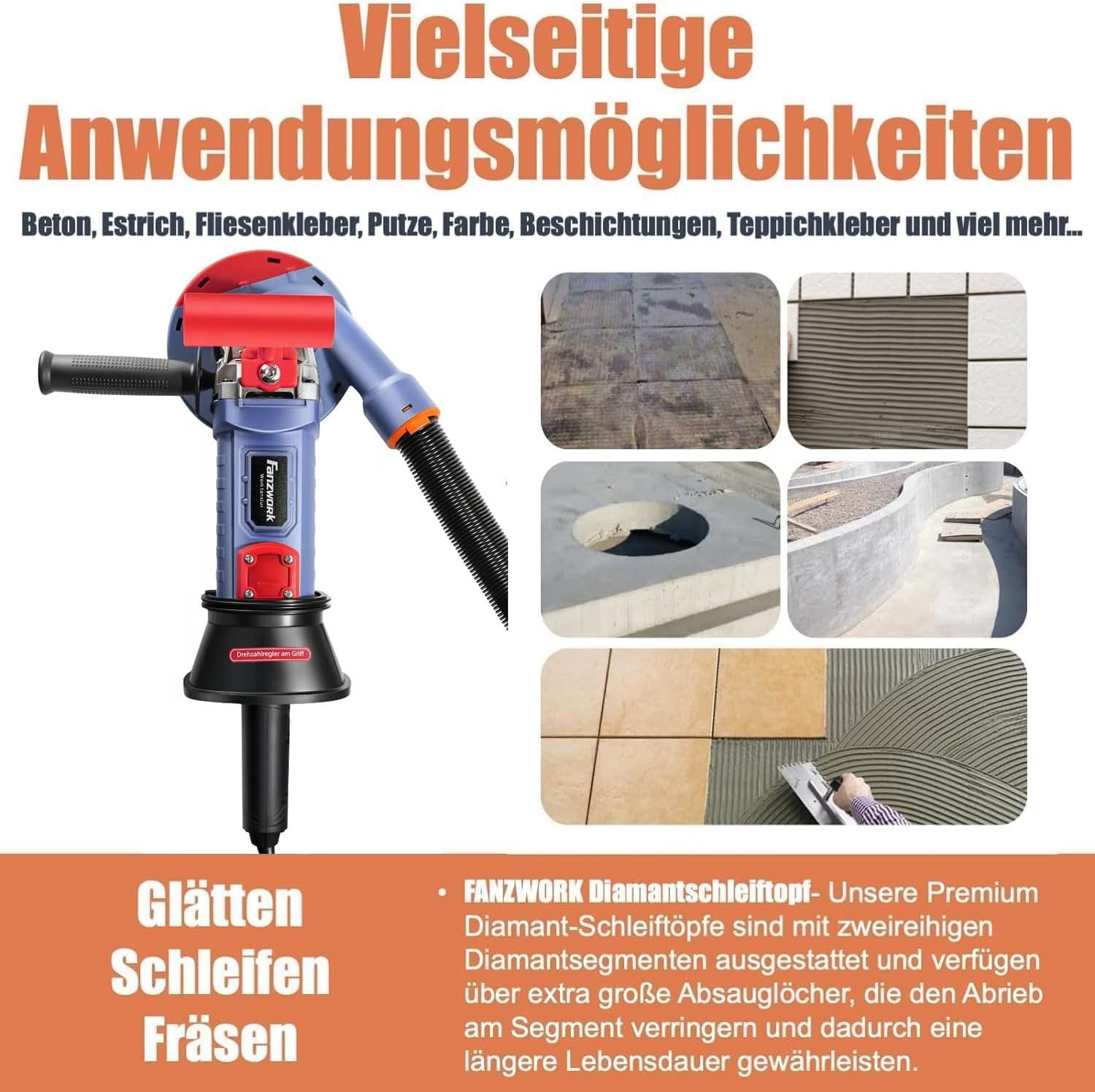 Fanzwork Winkelschleifer 1500W Betonschleifer Drehzahlregelbar inkl. 2x125mm Diamantschleiftopf, Ideal für Beton, Estrich und Fliesenkleber Schleifen