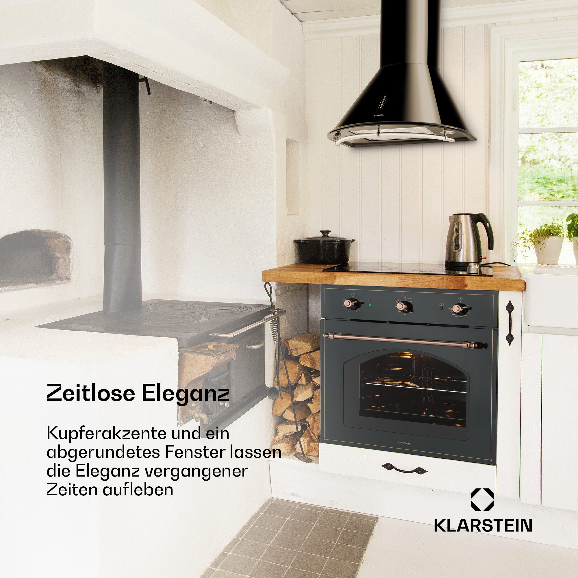 Klarstein Backofen Vilhelmine, mit 2-fach-Teleskopauszug, aushängbare Backofentür für einfache Reinigung, Einbau-Backofen Garzeittimer Grill Vintage Küche