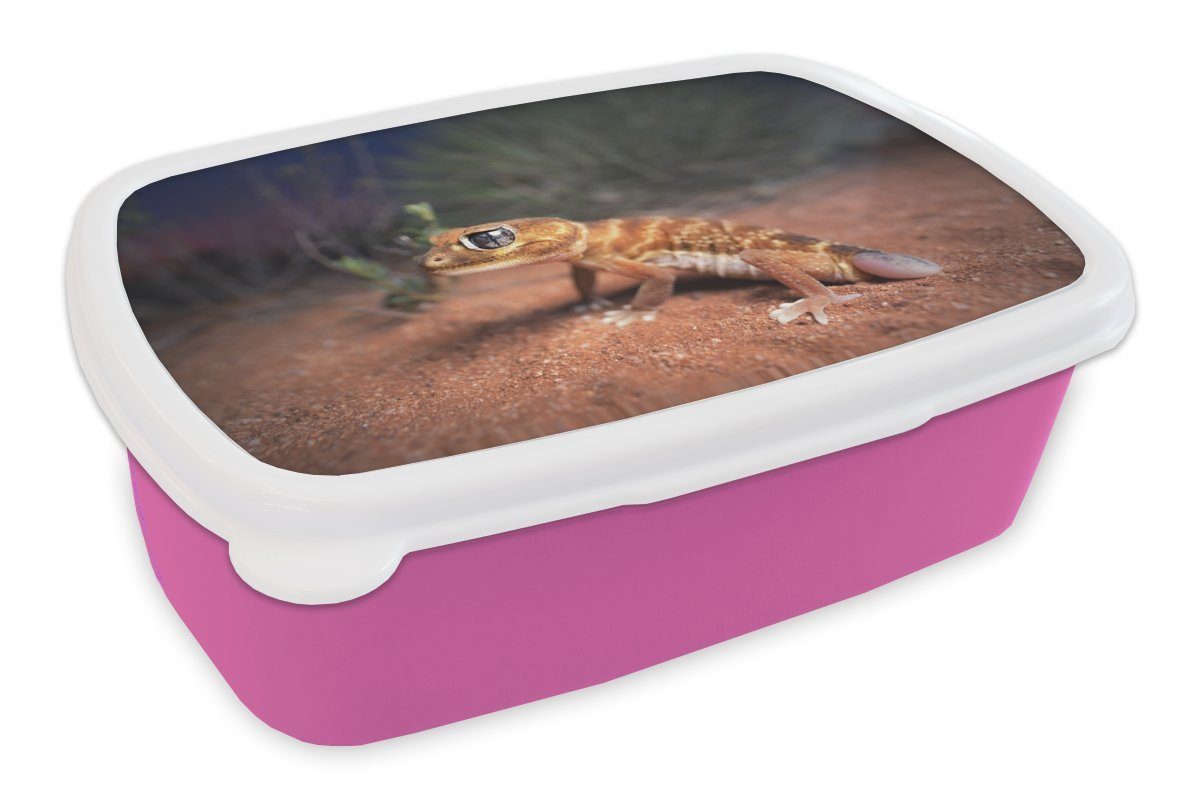 MuchoWow Lunchbox Jung - Gecko - Sand, Kunststoff, (2-tlg), Brotbox für Erwachsene, Brotdose Kinder, Snackbox, Mädchen, Kunststoff rosa