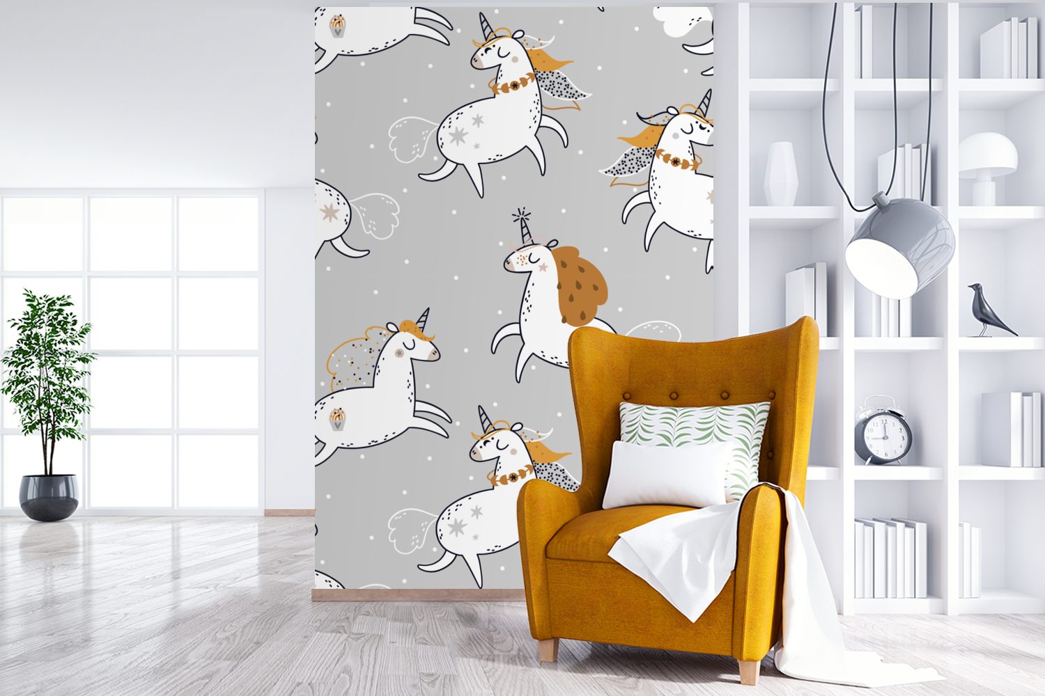 Einhorn Flieder, (3 Vinyl - für bedruckt, Wandtapete Montagefertig Tapete Matt, Wohnzimmer, St), MuchoWow Fototapete - Design