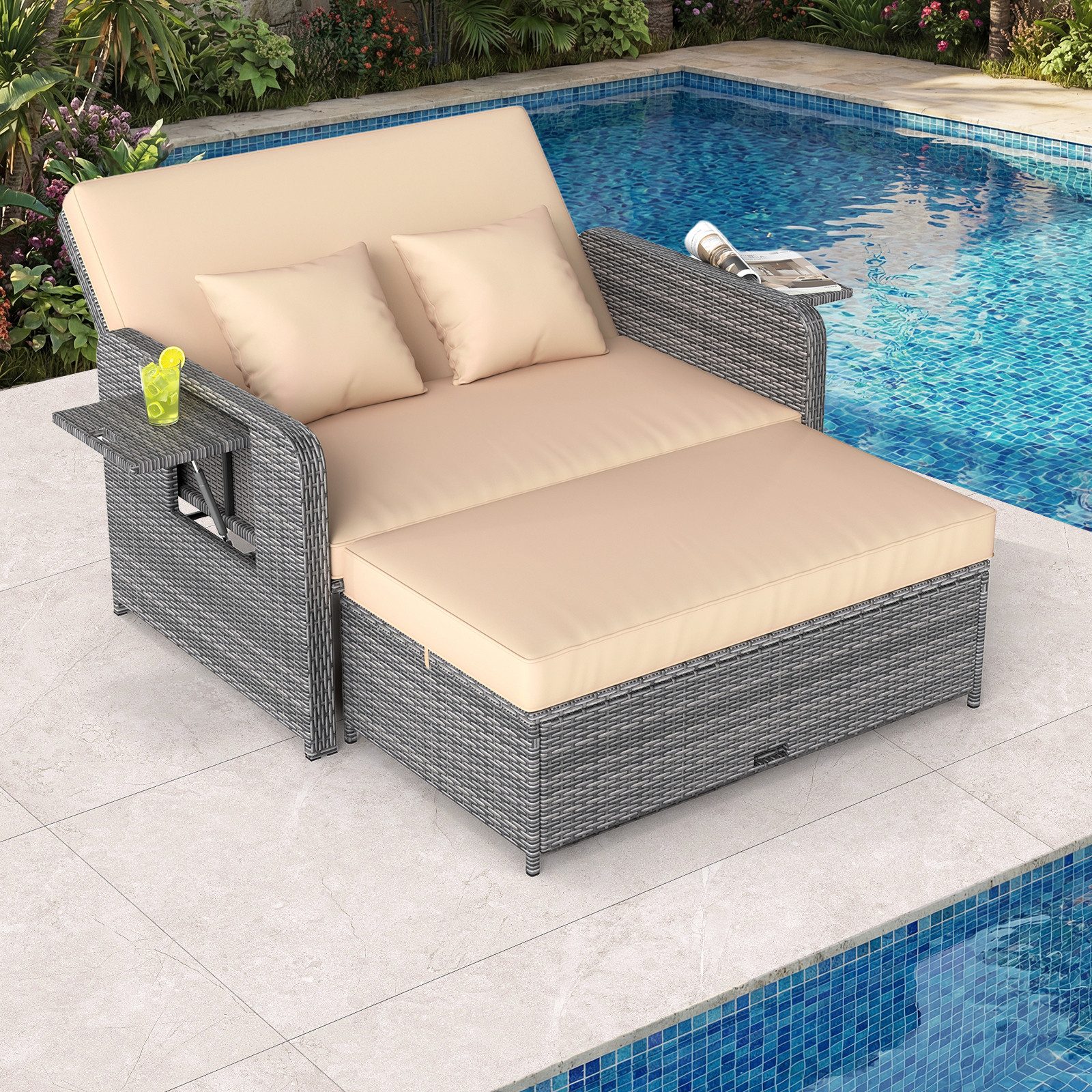 COSTWAY Loungebett, Gartenliege mit Auflage, verstellbarer Rückenlehne, Stauraum Rattan