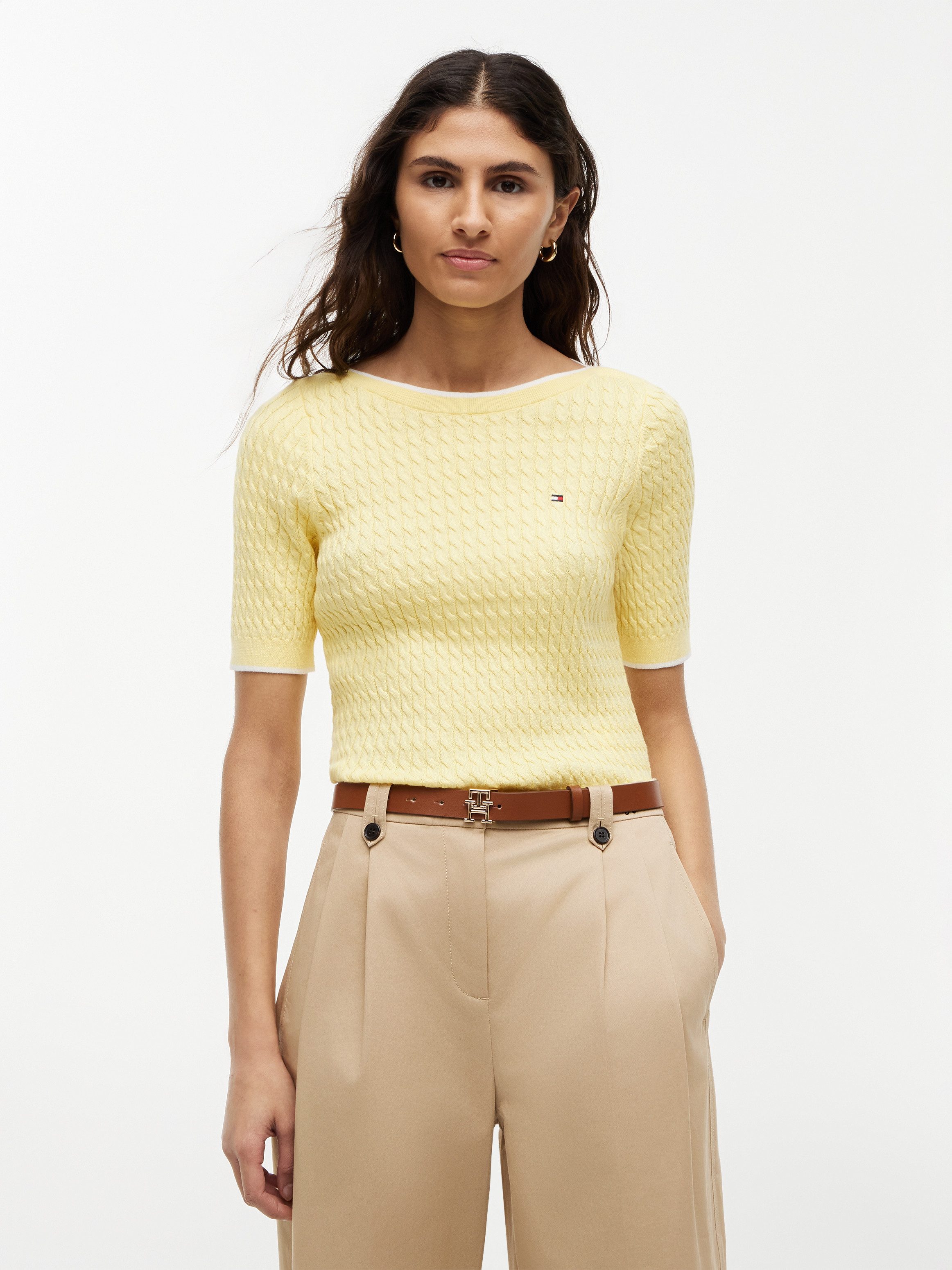Tommy Hilfiger Kurzarmpullover FINE GG CABLE BOAT NK S/S Baumwolle, mit Zopfstrickmuster