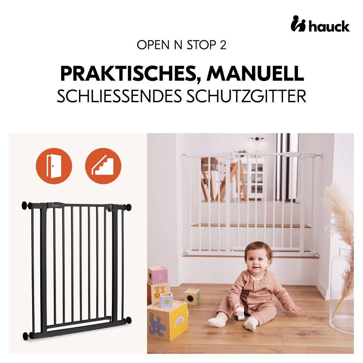Hauck Türschutzgitter Open N Stop 2 - Black, Treppenschutzgitter Set 75–80 cm ohne Bohren mit 3x Klemmschutz – Bild 3 von 5
