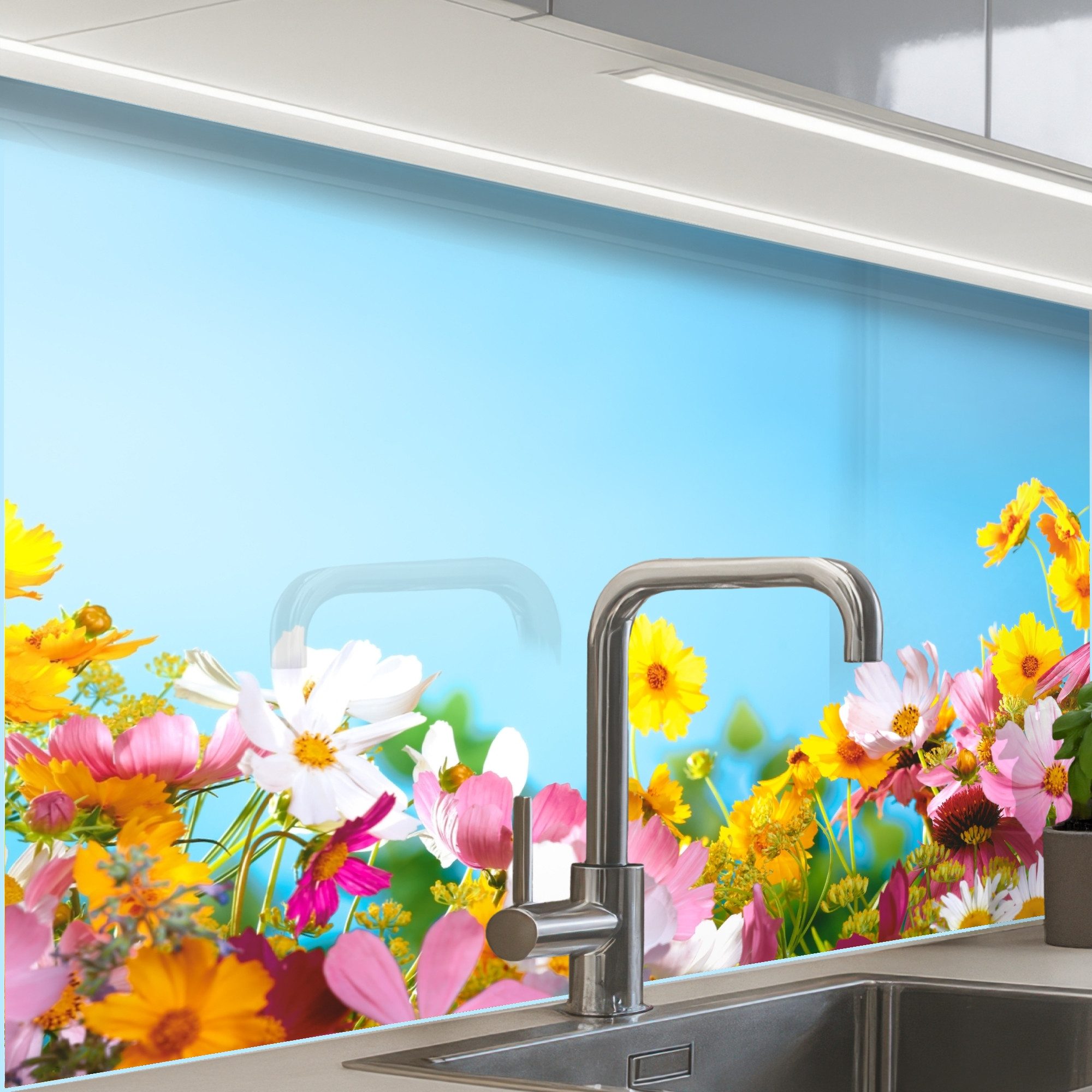 KitchenYeah Küchenrückwand Muster selbstklebend (keine Folie) Blumen - Bunt - Blau - Natur, (1-tlg), Spritzschutz, Küche, Rückwand, Küchenwand, Küchenfront, 30x20 cm