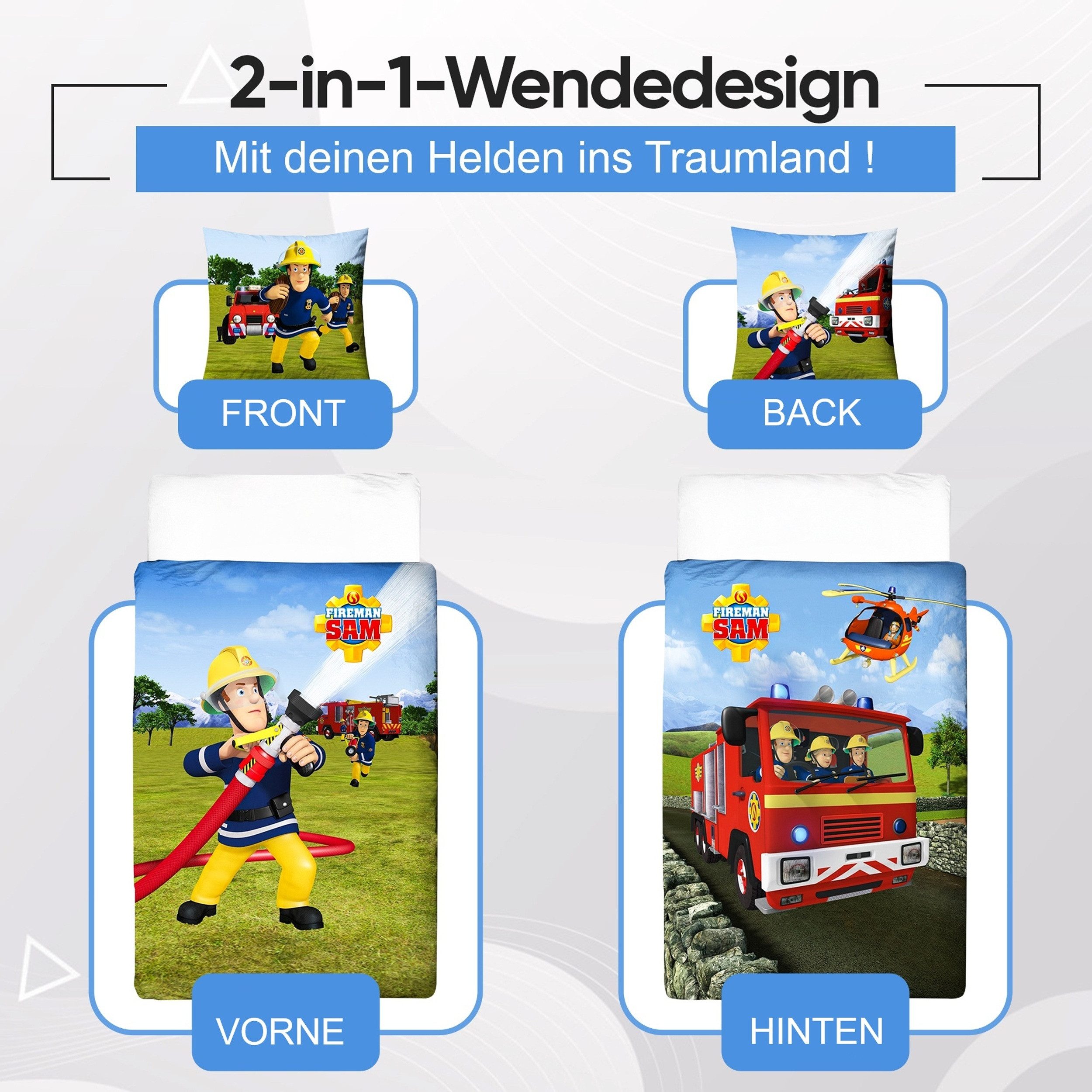 Familando Kinderbettwäsche Feuerwehrmann Sam 135x200 + 80x80 cm - 100% Baumwolle - Reißverschluss, Renforcé, 2 teilig, mit Wendemotiv auf Decke und Kissen – Bild 4 von 5