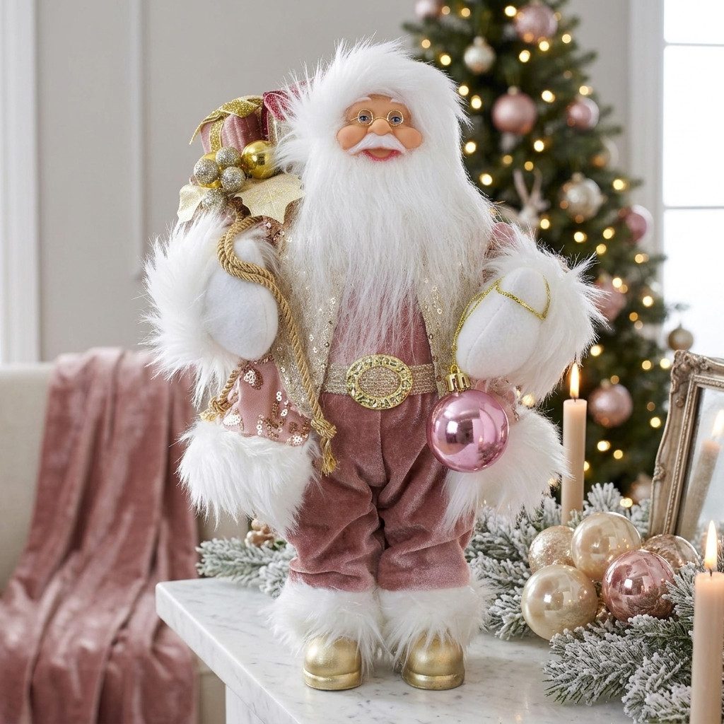 Christmas Paradise Weihnachtsmann Santa stehend 30cm (Dekofigur, 1 St., Weihnachtsdeko), Santa im rosa-goldener Samtlook mit Geschenkesack & Christbaumkugel