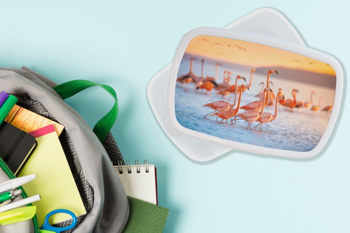 - MuchoWow weiß Lunchbox Kinder Jungs Kunststoff, - - Brotbox und für Flamingo Meer Erwachsene, (2-tlg), Brotdose, Mädchen und Sonne Sommer, für