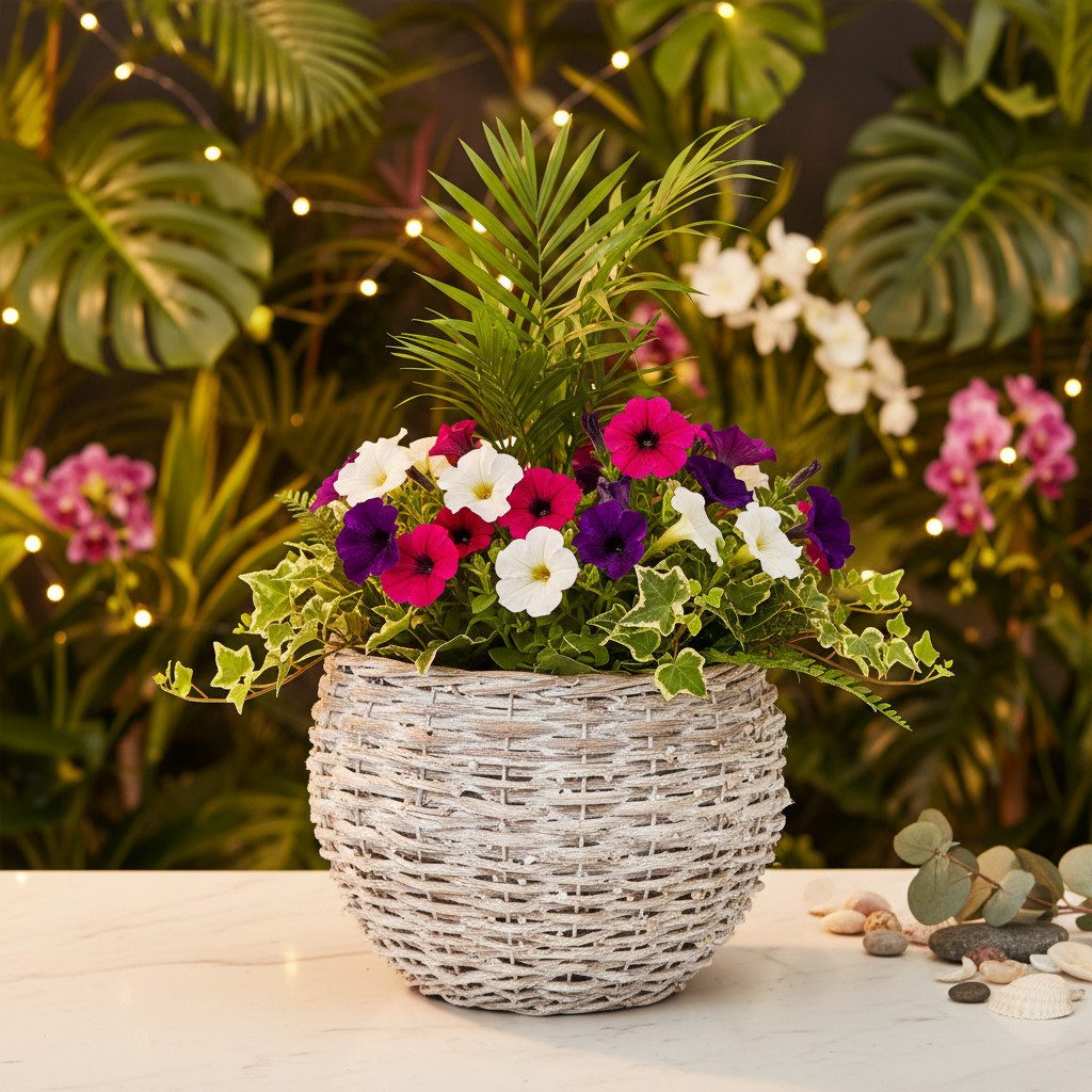 Florists Products Dekokorb Runder Flechtkorb mit Folie für Pflanzen und Dekoration