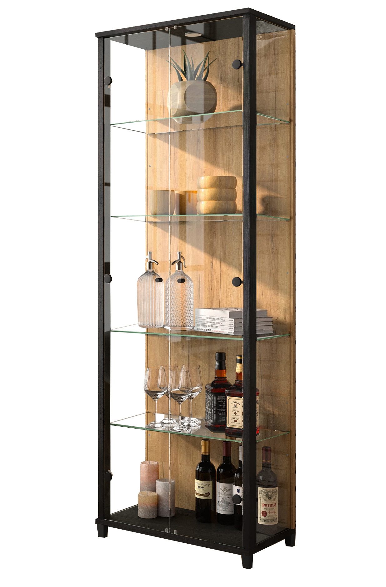 freiraum Vitrine Optima Schwarz/Wildeiche-Dekor, LED Beleuchtung - 57,6x171,8x32cm (BxHxT)