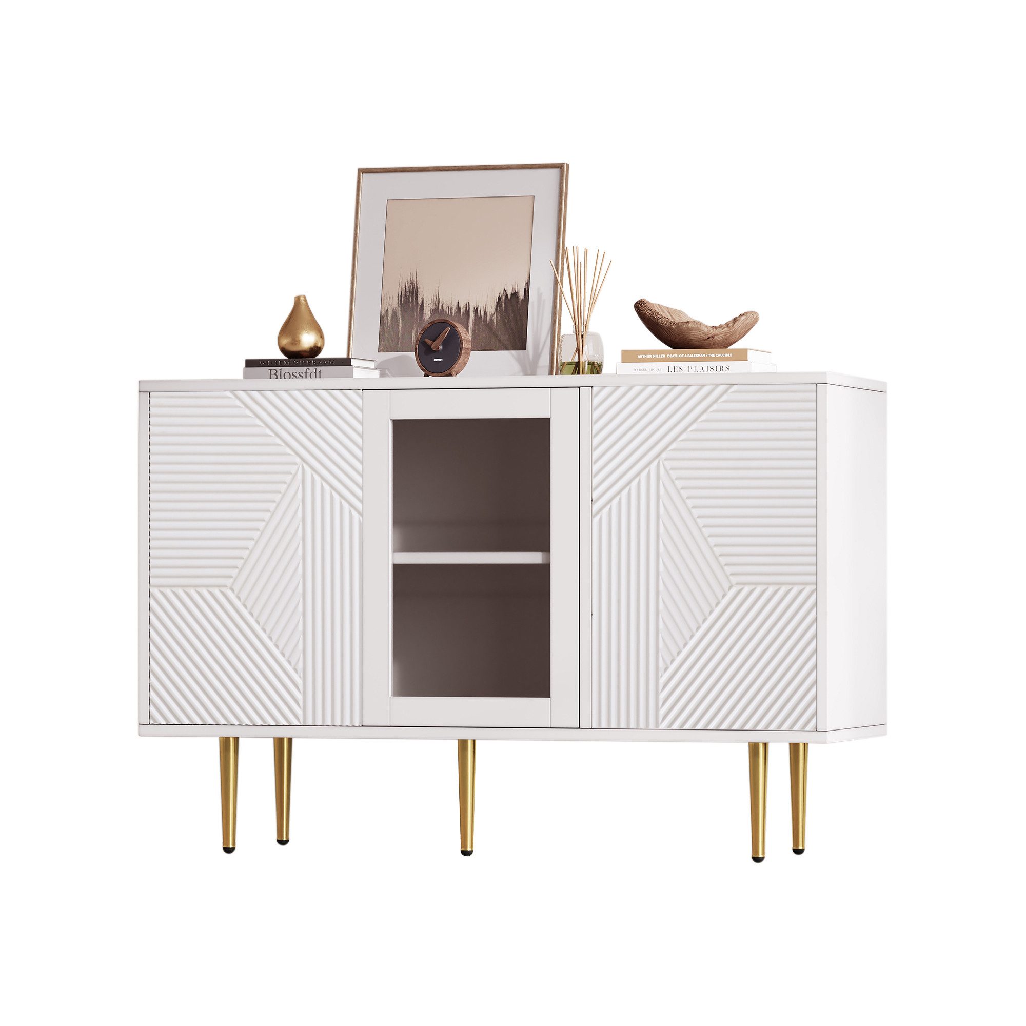 Anrichte Sideboard Tresenkommode Kommode mit Metalfüßen Glastüren 120x38x79.5cm