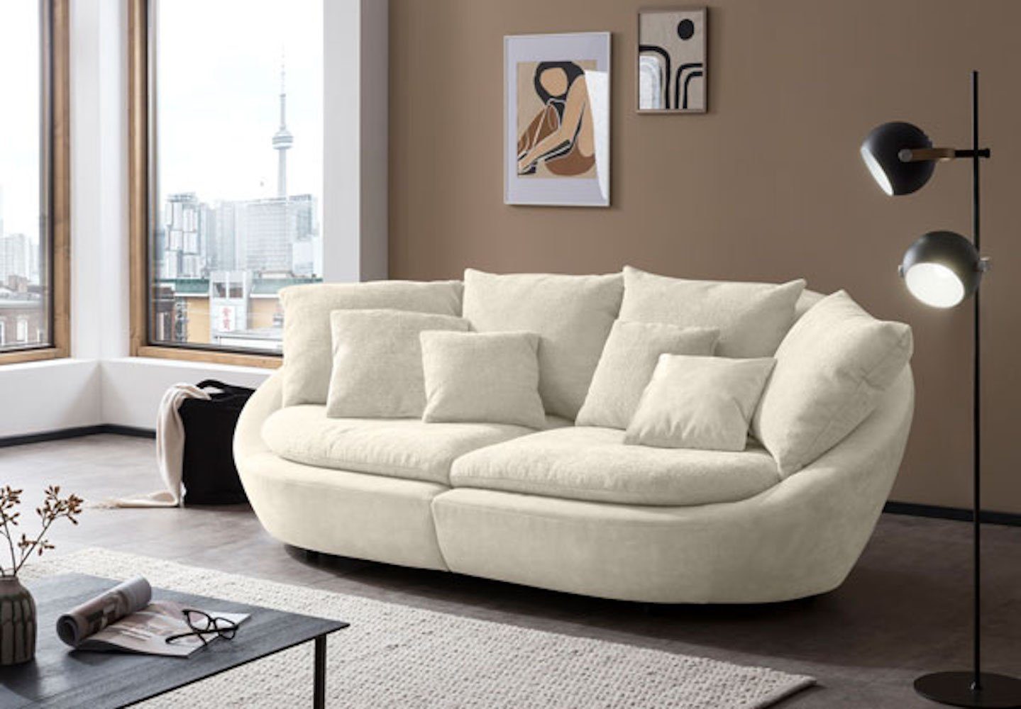 Feldmann-Wohnen Big-Sofa Moroni, cremeweiß 237x129x87cm Kissen mit