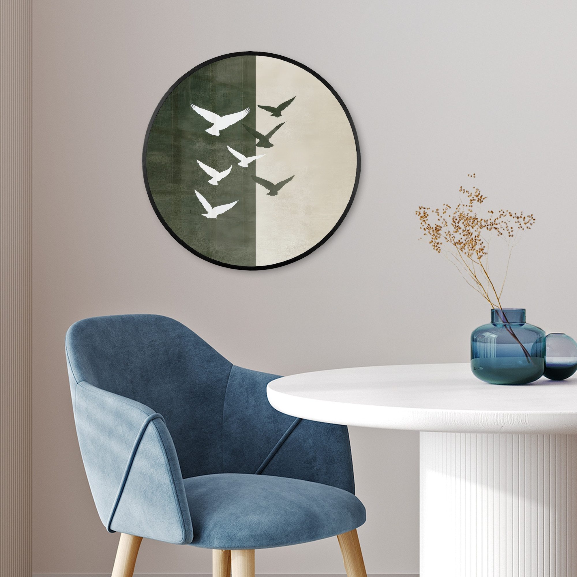 MuchoWow Poster Rund - Japandi - Vogel - Grün, (1 St), Runde Wandbilder, Deko für Wohnzimmer und Schlafzimmer, 40x40 cm