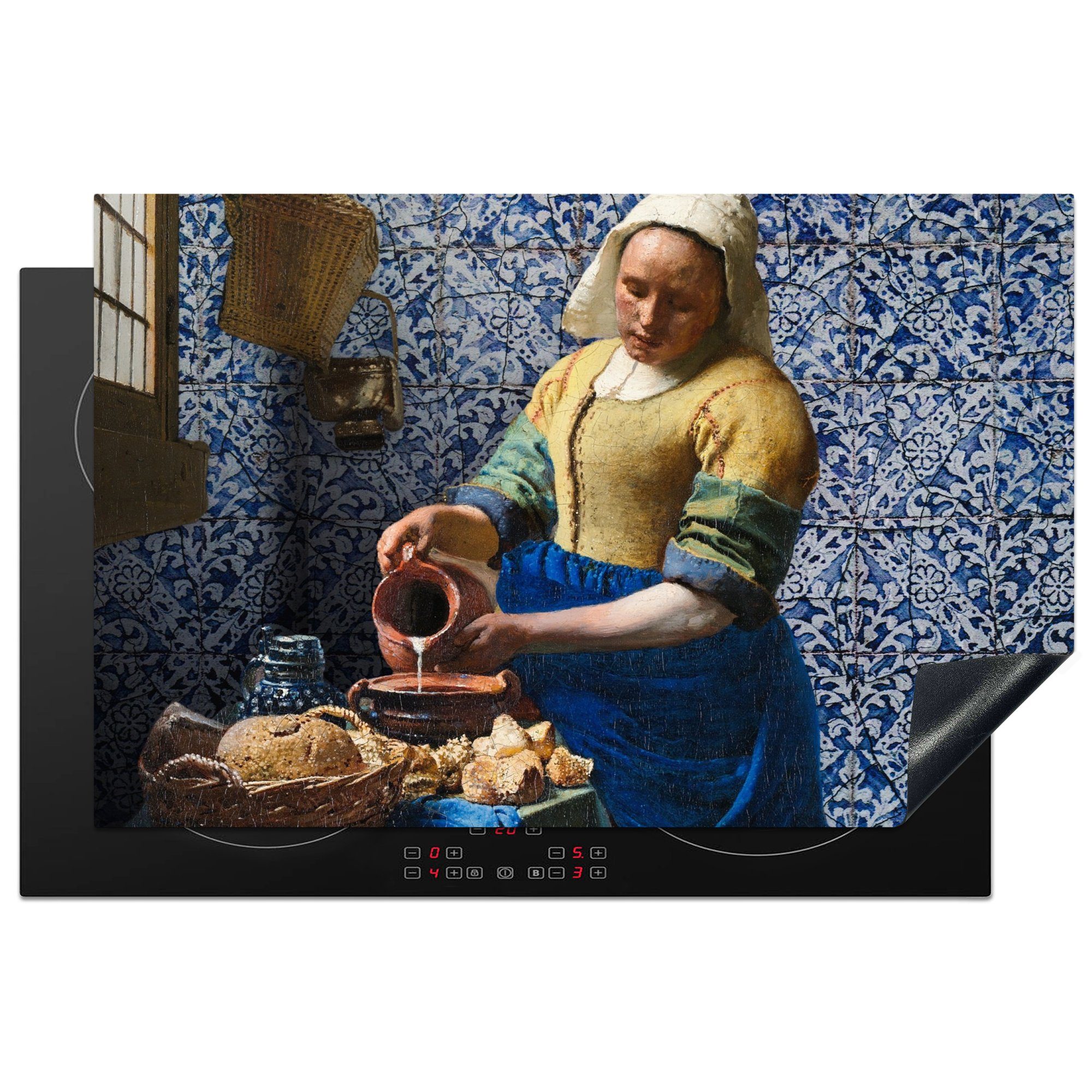 MuchoWow Herdblende-/Abdeckplatte Milchmädchen - Delfter Blau - Vermeer - Gemälde - Alte Meister, Vinyl, (1 tlg), 81x52 cm, Induktionskochfeld Schutz für die küche, Ceranfeldabdeckung