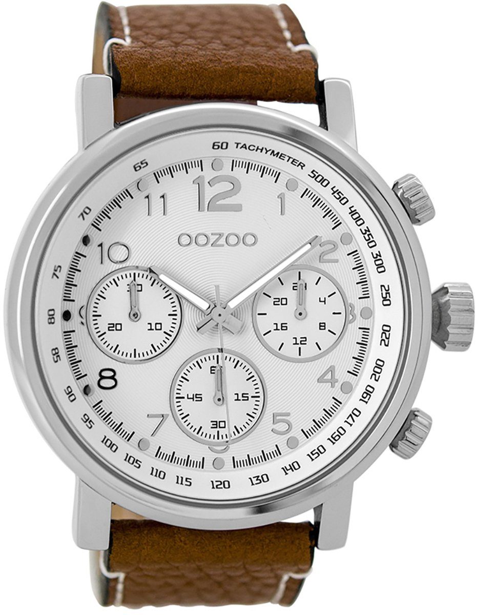 OOZOO Quarzuhr Zahlen Herrenuhr braun, 48mm) Herren Oozoo mit Lederarmband, Fashion-Style, und Indexen groß (ca. Armbanduhr Ziffernblatt rund, extra silbernen