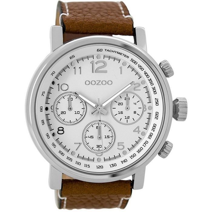 OOZOO Quarzuhr Oozoo Herren Armbanduhr braun (Armbanduhr) Herrenuhr rund extra groß (ca. 48mm) Lederarmband Fashion-Style