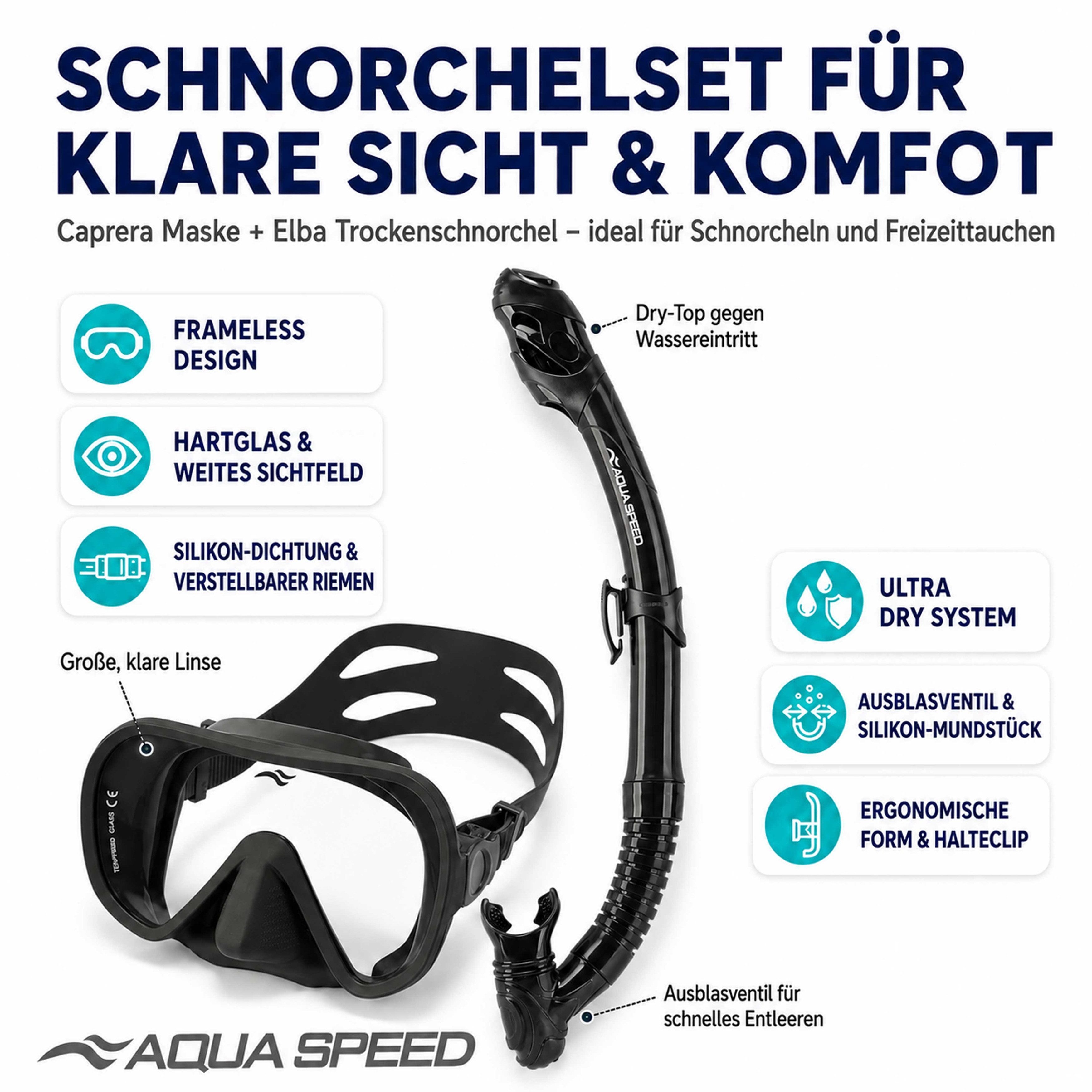 Aqua Speed Schnorchel Carprera & Elba Tauchmaske und Schnorchel Set, Taucher Set (Schwimmmaske mit gehärtetem Glas), Taucherbrille Stoffband Einzellinse – Bild 2 von 5