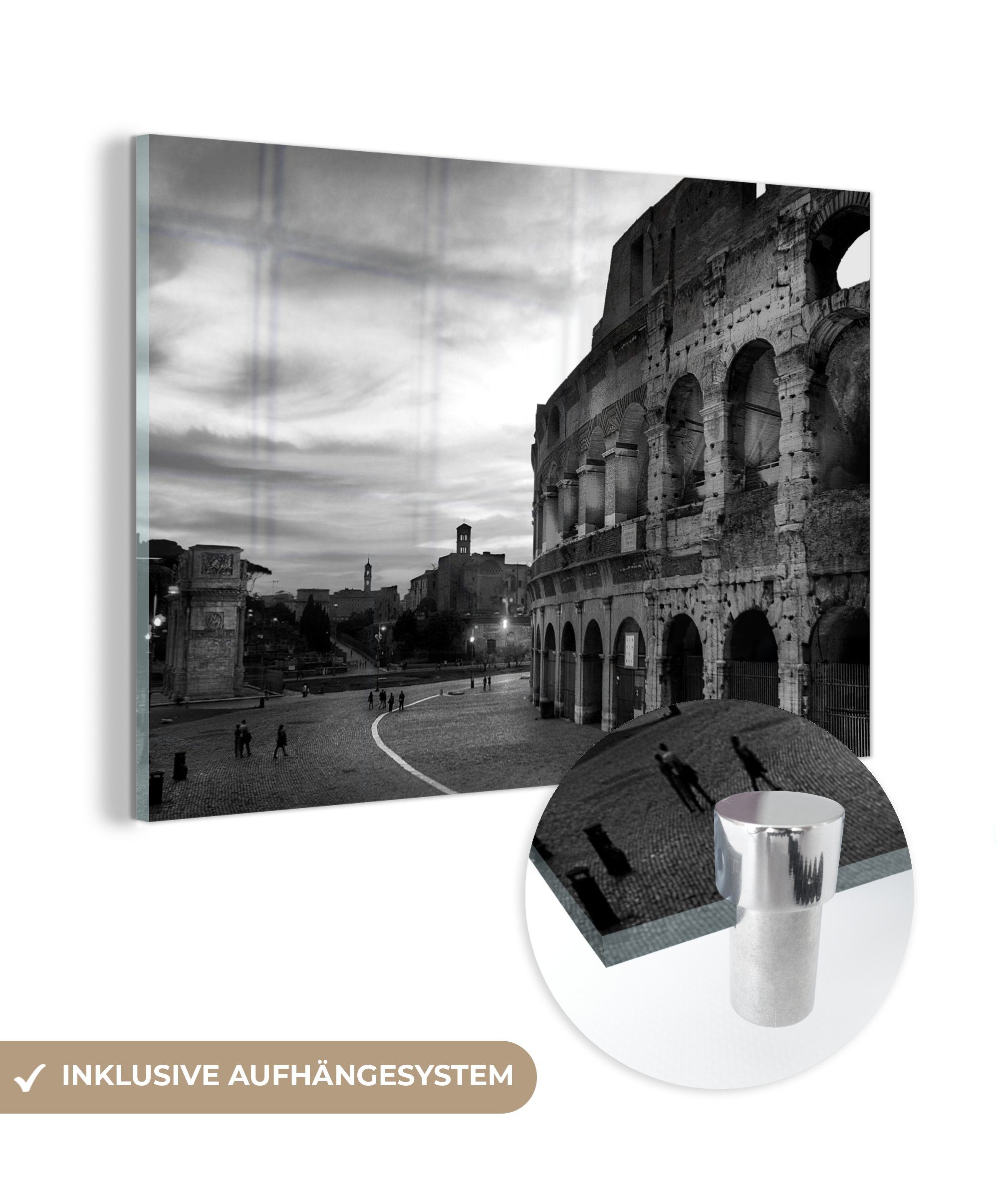 MuchoWow Acrylglasbild Das Kolosseum in Rom bei Sonnenuntergang - schwarz und weiß, (1 St), Acrylglasbilder Wohnzimmer & Schlafzimmer