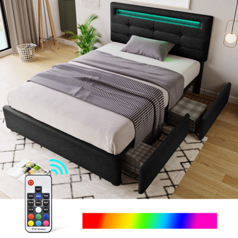 autolock Bettgestell Bettgestell mit LED-Beleuchtung und 2 Schubladen, Polsterbett Höhenverstellbarem Kopfteil (Ohne Matratze) 90x200cm