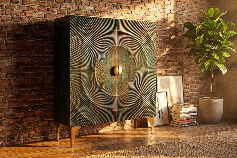 riess-ambiente Highboard GOLDEN SUNSET 120cm türkis/gold - Massivholz, 3D-Front mit Ornament (Einzelartikel, 1 St), Design Schrank mit Stauraum & Türen – ideal für Wohn- oder Esszimmer