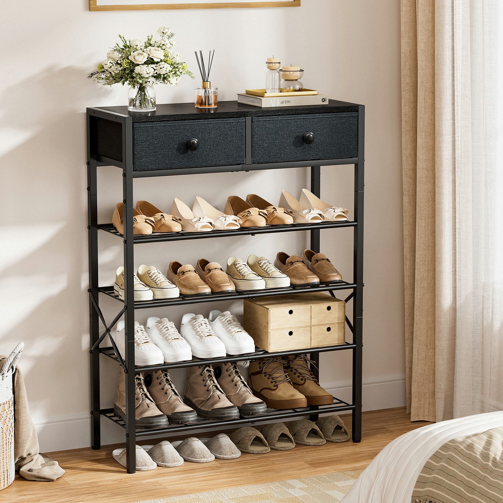 FABATO Schuhregal 5-stufiger Schuhorganizer mit 2 Vliesstoff-Schubladen & Holzplatte, 1-tlg., für Diele, Flur oder Kleiderschrank in Schwarz-Grau