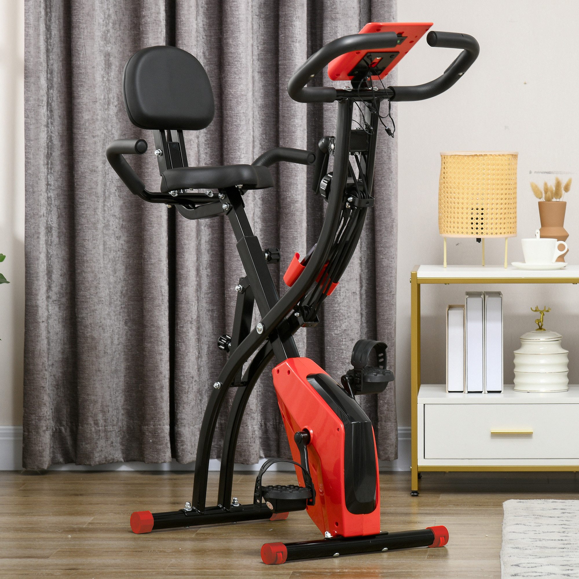 HOMCOM Heimtrainer X-Bike 2-in-1 klappbarer Hometrainer (Magnetwiderstand, 1-tlg., Fahrradtrainer), für Wohnzimmer, Rot+Schwarz