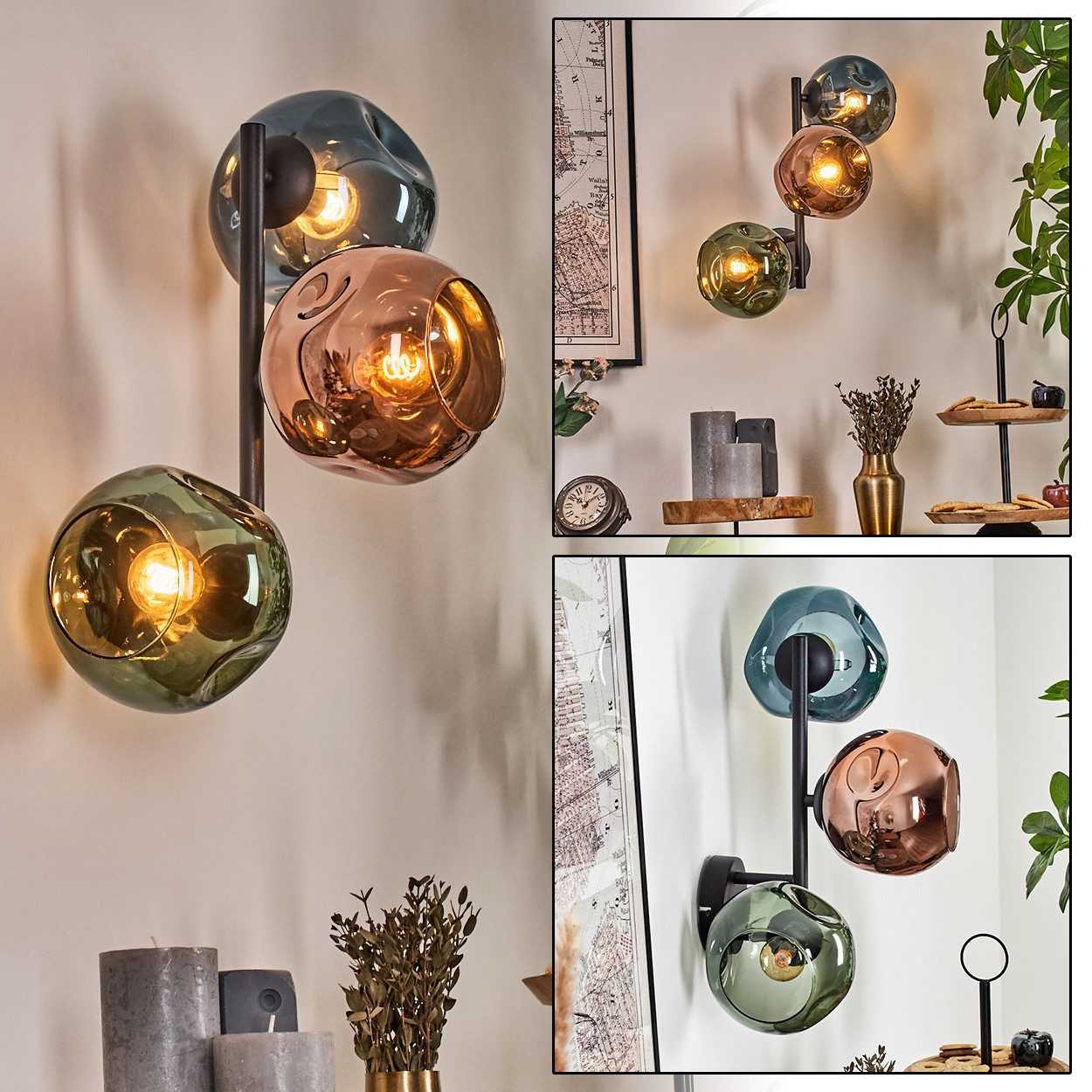hofstein Wandleuchte Wandlampe aus Metall/Glas in Schwarz/Blau/Grün/Kupferfarben, ohne Leuchtmittel, moderne Wandleuchte im Retro/Vintage-Design (Schirme 15 cm), E14