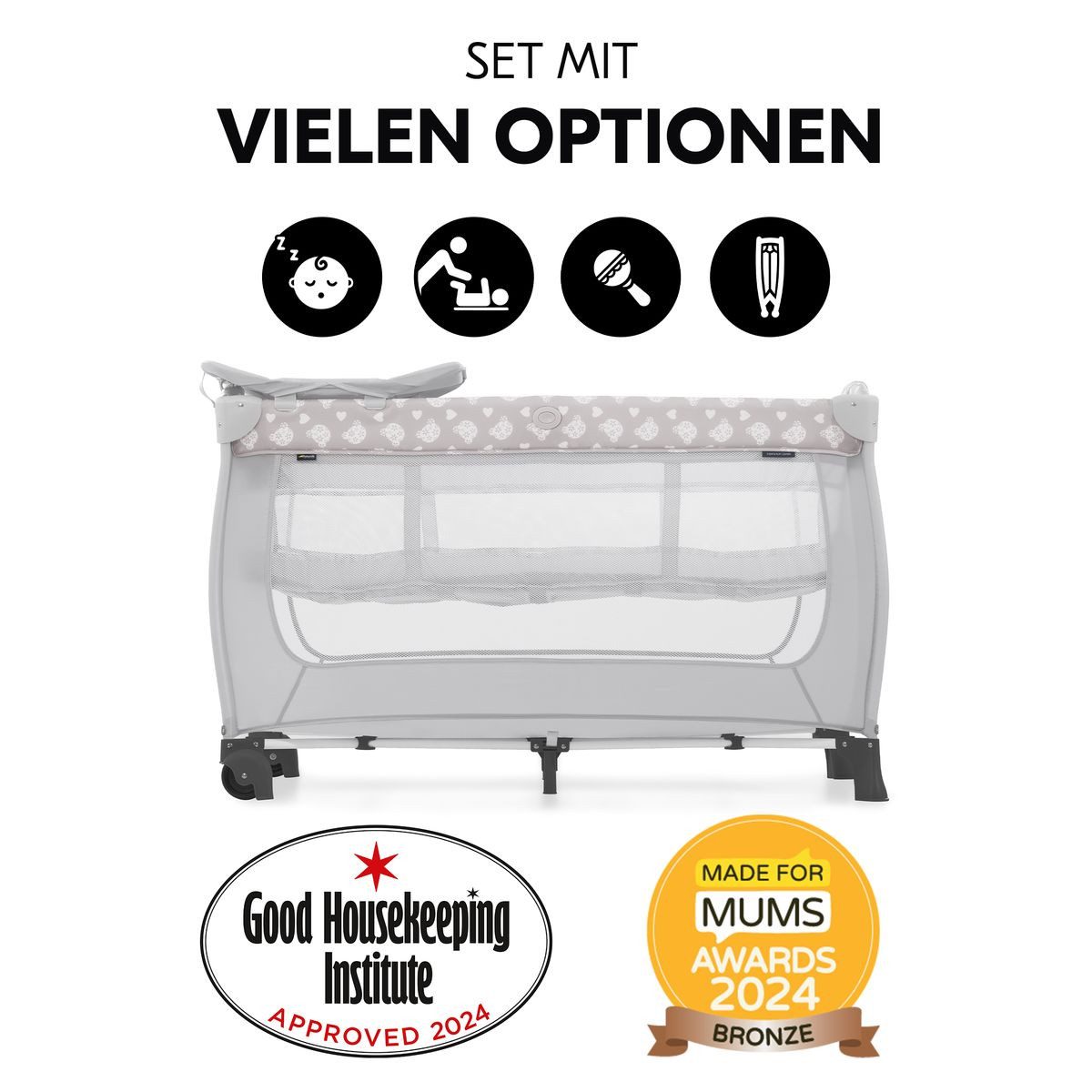 Hauck Baby-Reisebett Sleep N Play Center Set - Teddy - Grey, Kinderreisebett mit Matratze, Insektenschutz, Wickelauflage & Tasche