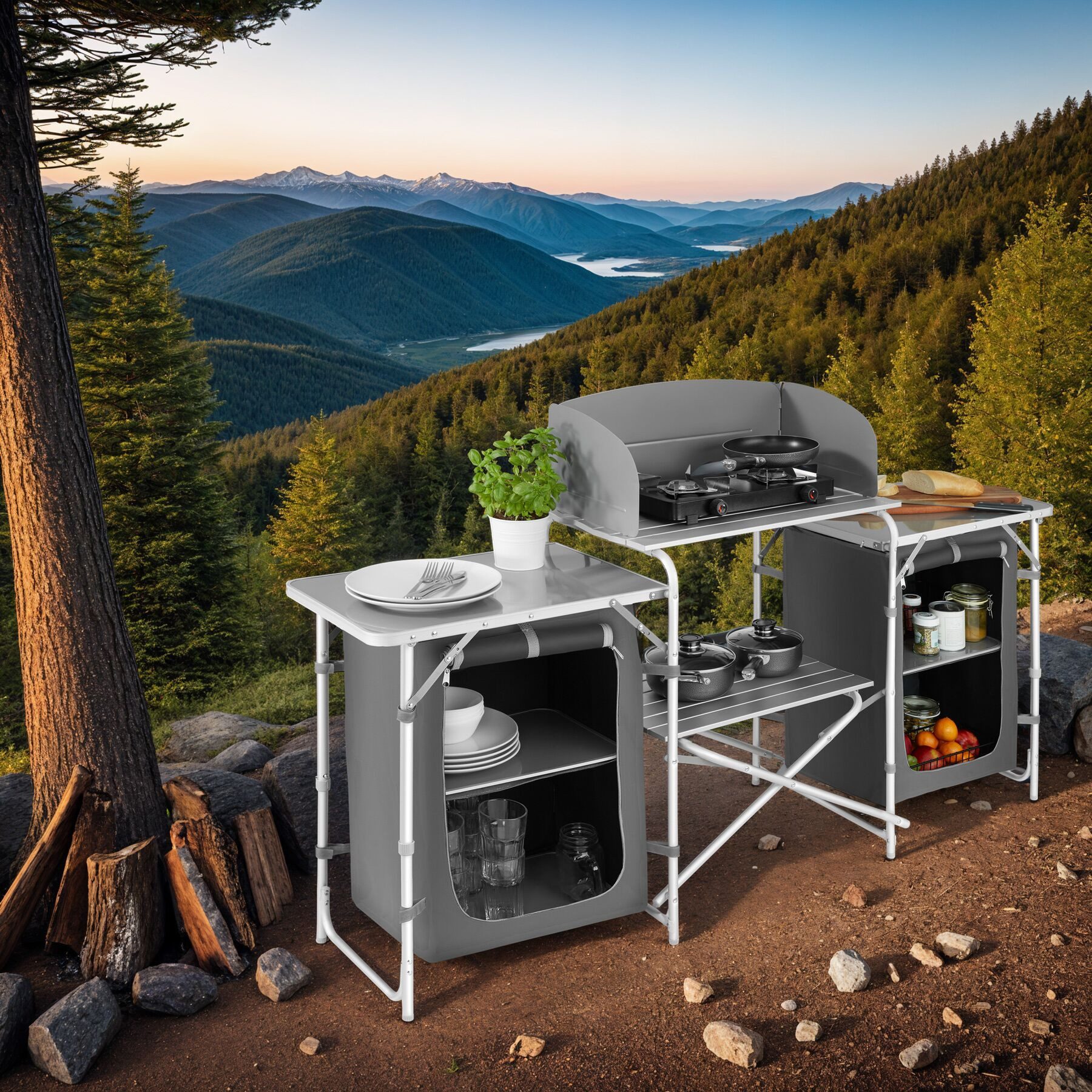 tectake Campingtisch Campingküche XXL mit Aluminiumgestell und 5 Fächern (Outdoor küchenausstattung, 1-St., in Grad), Hitzebeständige Arbeitsplatte mit Windschutz