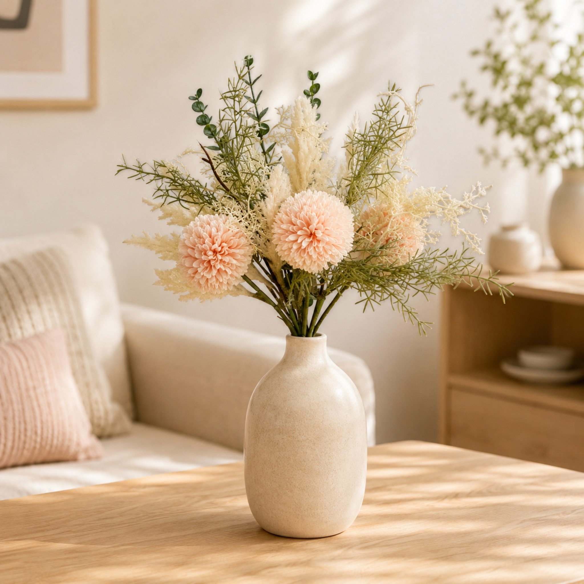 Kunstblume Kunstblumen-Strauß apricot mit Dahlien Eukalyptus wie echt Wiesenblumen, matches21 HOME & HOBBY, Höhe 37 cm, Großer Blumen-Strauß für Vasen als realistische Blumen-Deko